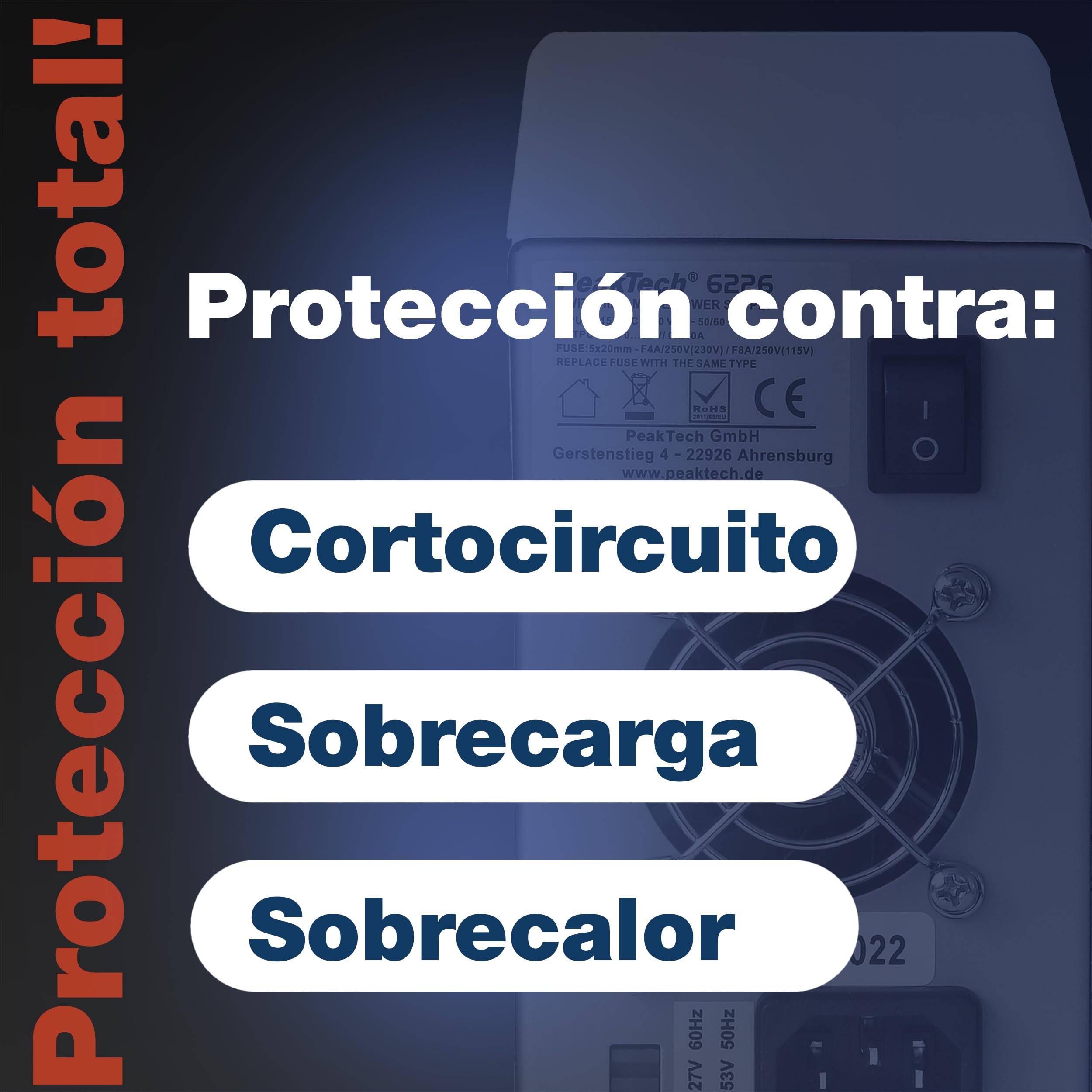 PeakTech 6226 - Fuente de Alimentación0-30V / 0-10A, Ajustable, DC con Pantalla Led Azul de 4 Dígitos, Conmutación Estabilizada, Amperímetro, Sobrecarga y a Prueba de Cortocircuitos, Diseño Delgado