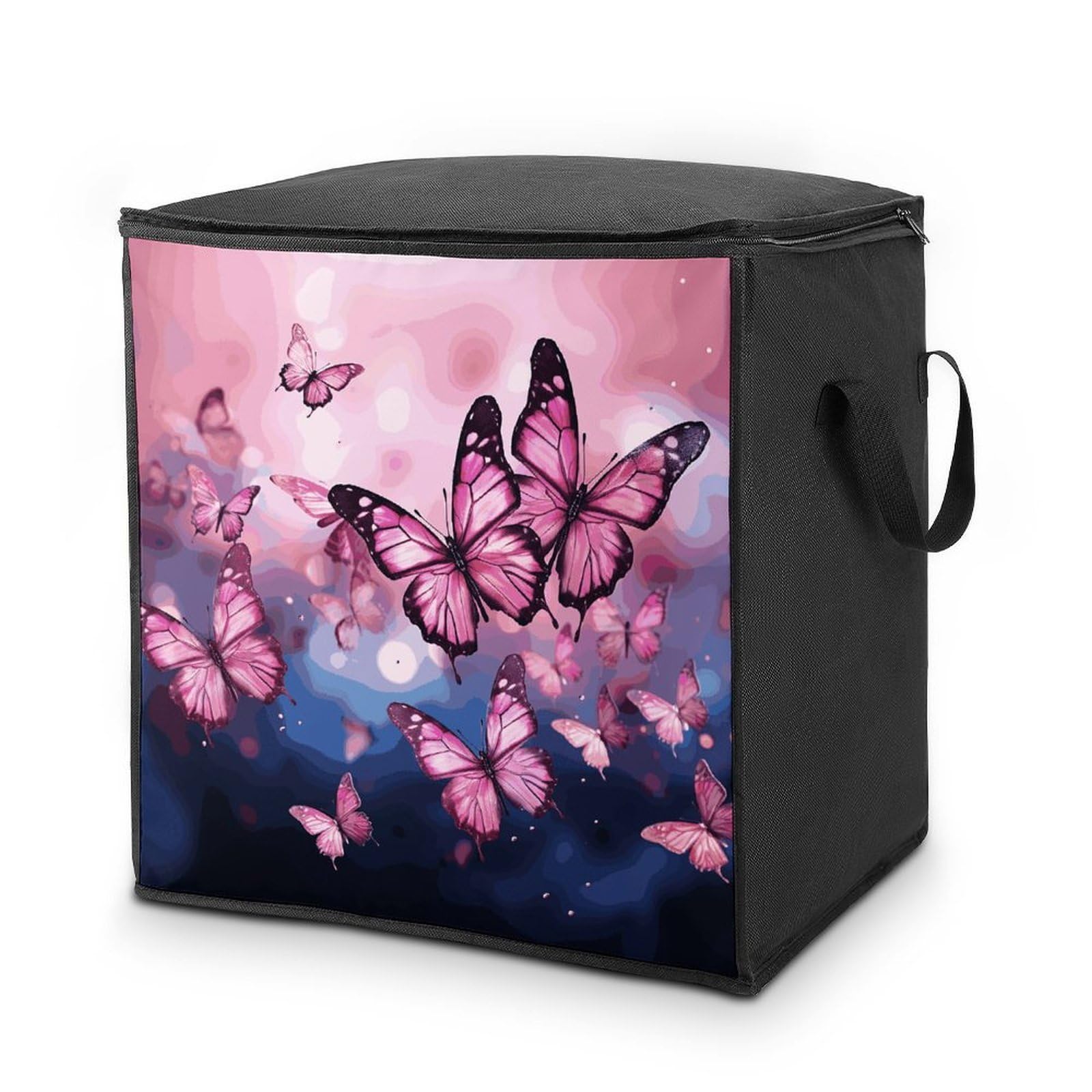 70L Pink Butterflies Storage Bag With Zipper Closet Organizers with Handle for Home Storage Organizer for Blankets Quilts Clothes Comforter Bedding And Pillows