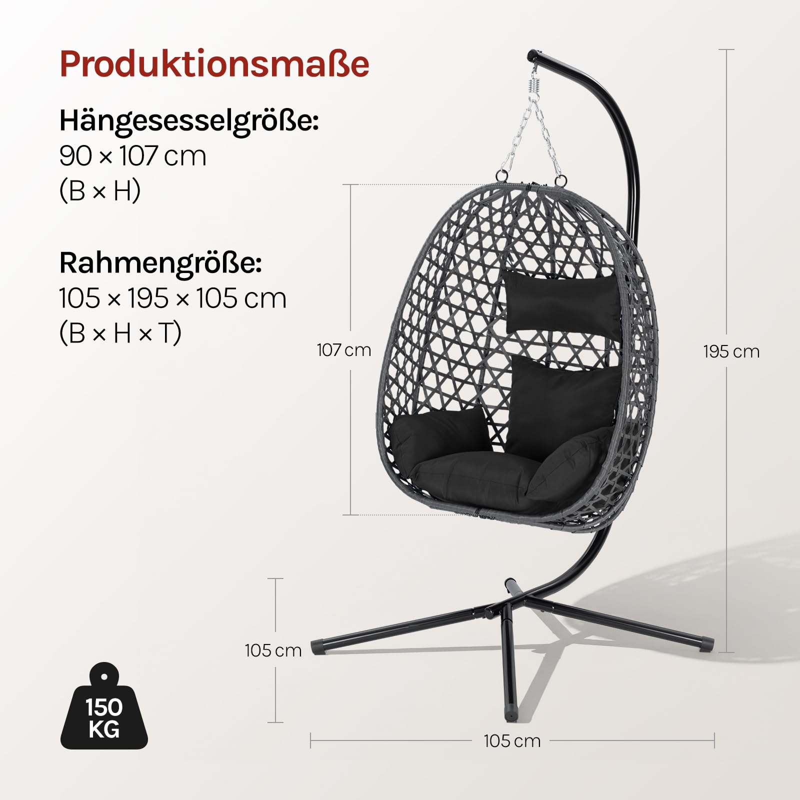 WOLTU Hängesessel mit Gestell, bis 150 kg belastbar, PE-Rattan Hängestuhl, mit Sitzkissen und Kopfstütze, für Indoor und Outdoor, Schwarz