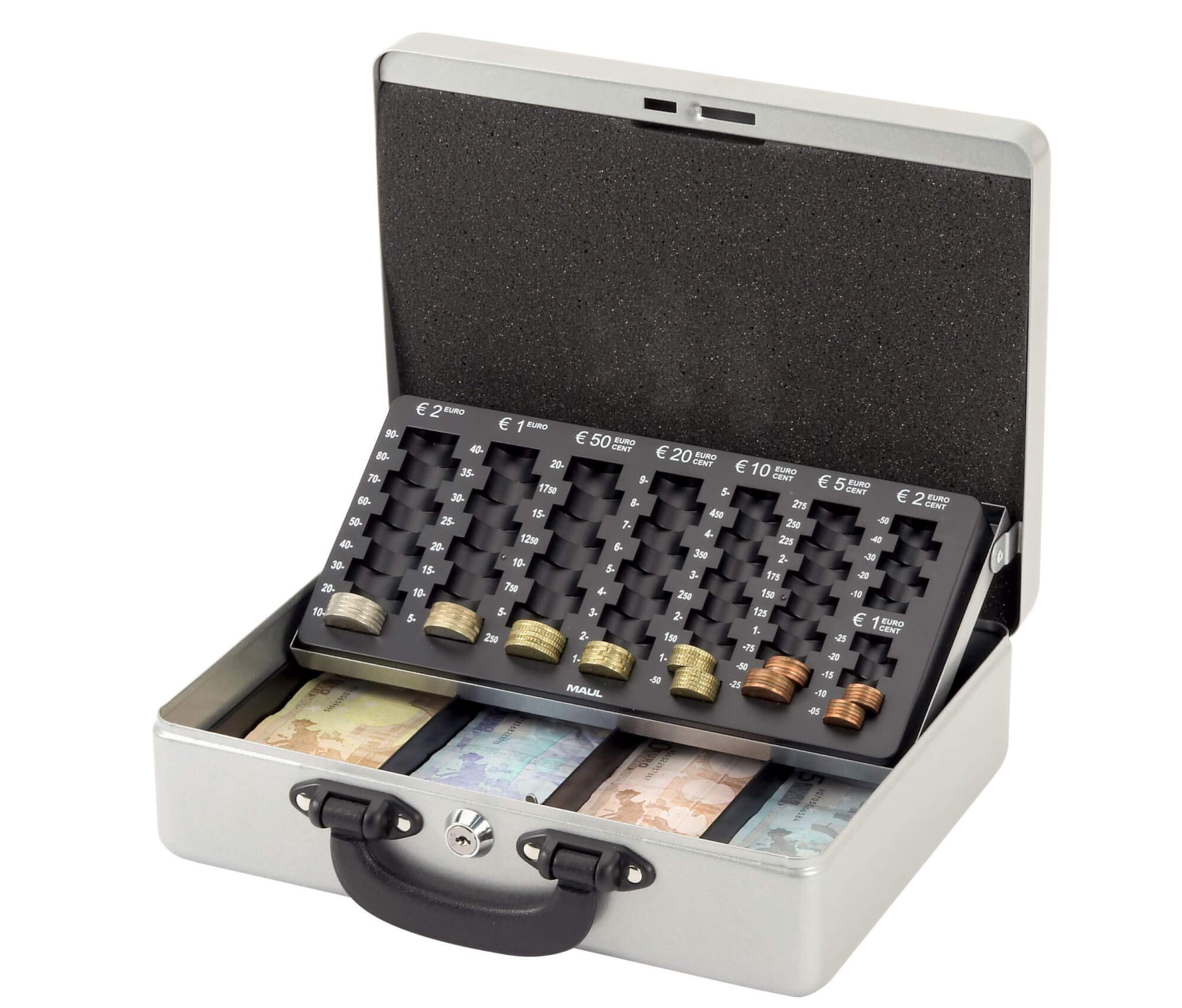 MAUL Caja de caudales plateada con bandeja Euro y llaves | recuento ágil, interior acolchado, acceso protegido, tapa práctica, monedas ordenadas, billetes a mano