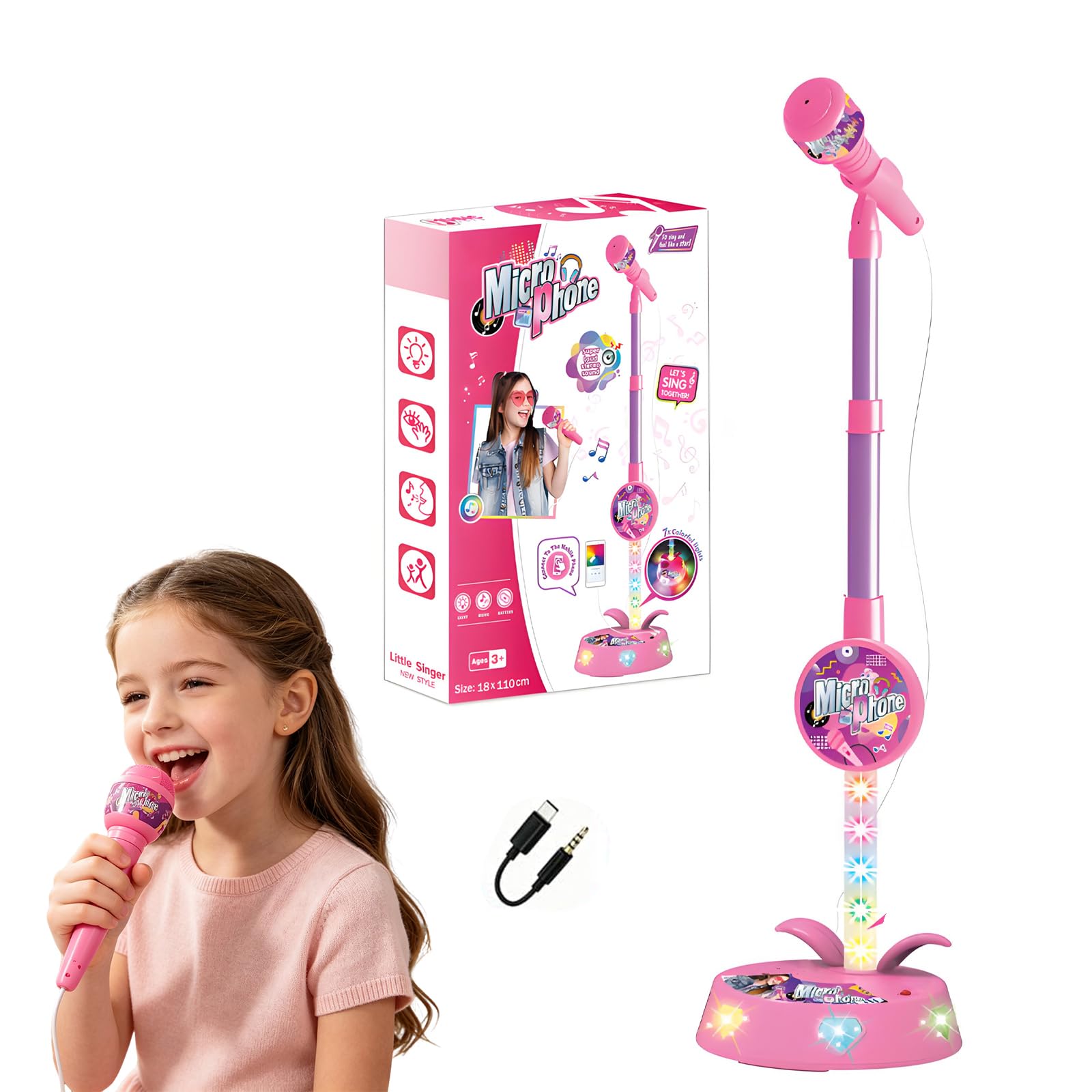 Kids Microphone and Stand,Adjustable Height,Adjustable Kids Karaoke Machines with Flashing Stage Lights, Stand Up Kids Microphone Stand, Singing Toys Gifts for 3-8 Year Old Girls Boys
