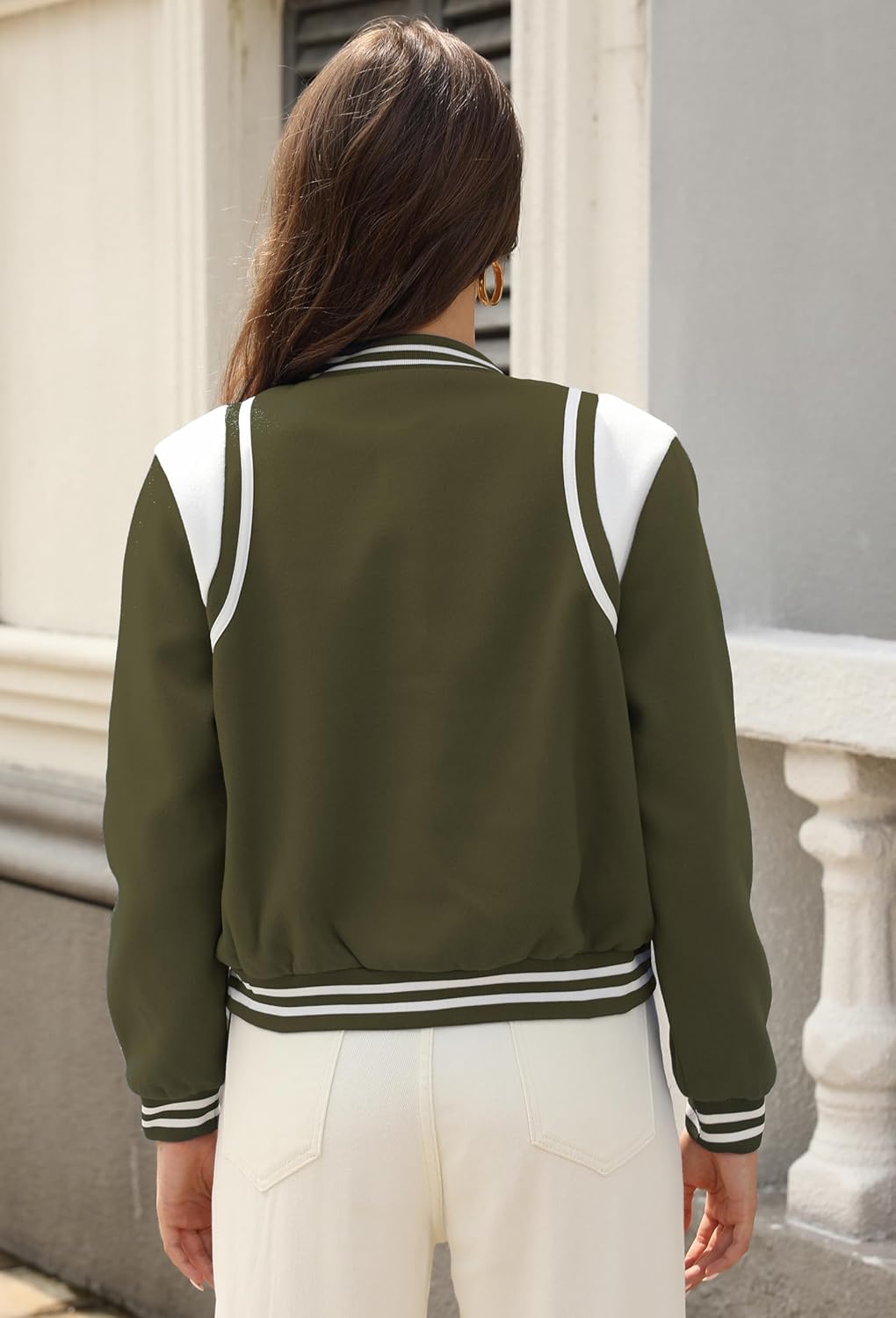 Womens Cropped Bomber Jacket Long Sleeve Button Down Baseball Varsity Fall Outerwear - Image 6