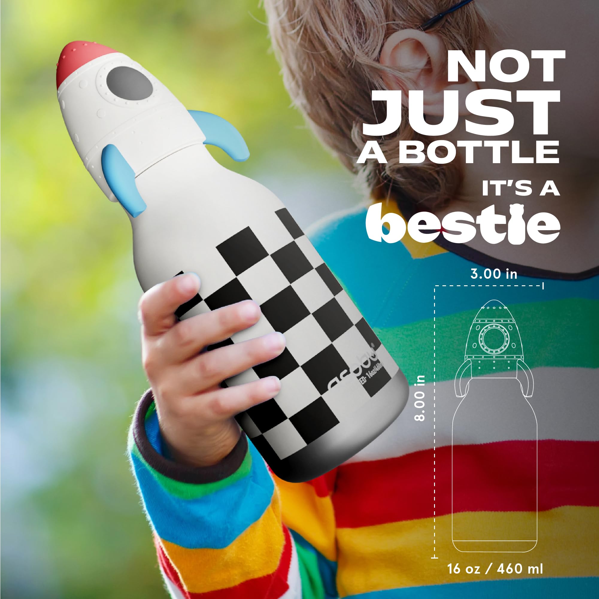 Asobu Bestie Kindertrinkflasche mit Strohhalm – Isolierte Edelstahlflasche 420ml mit Raketen-Kopf – Auslaufsicher & BPA-frei