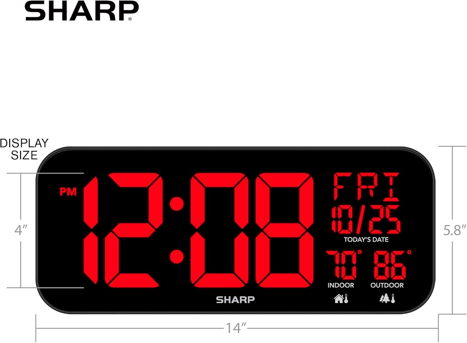 Dimensions of the Sharp LED Digital Wall Clock, showing a width of 14 inches and a height of 5.8 inches.
