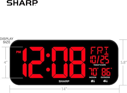 Sharp Jumbo 4'' LED Wall Clock with Indoor/Outdoor Temperature and Calendar Display, 5-7/8H x 1 W x 14 D, Black