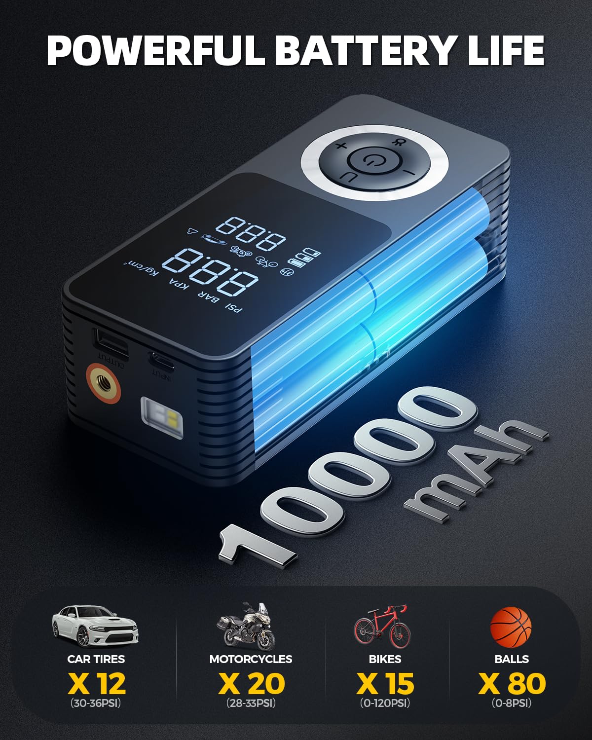 Gonfleur de pneu sans fil, compresseur d'air portable, pompe à air intelligente pour pneu de voiture avec manomètre numérique, lumière LED, adaptateur d'alimentation de voiture 12 V, boîte de