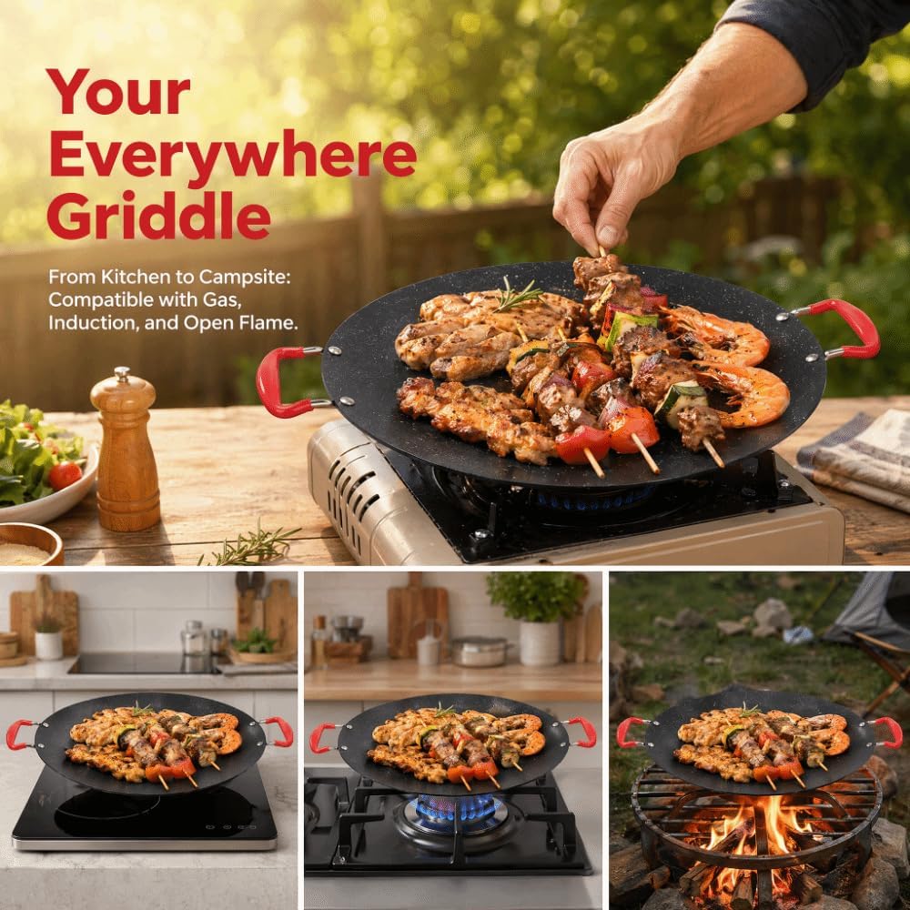Korean Grill Pan, 11.81 Inch Nonstick Iron BBQ Griddle with Side Handles, Black Oval Pan for Gas, Induction, Camping