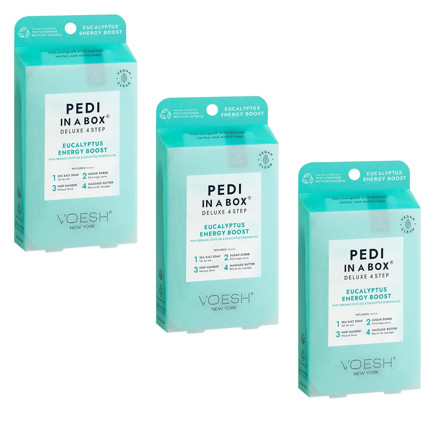 VOESH Pedi in a Box 4 Step Eucalyptus Energy Boost - 3 Pack, Pedicure Set, At-Home Pedicure, Spa Pedicure, Foot Soak, Foot Scrub, Pedicure Foot Spa