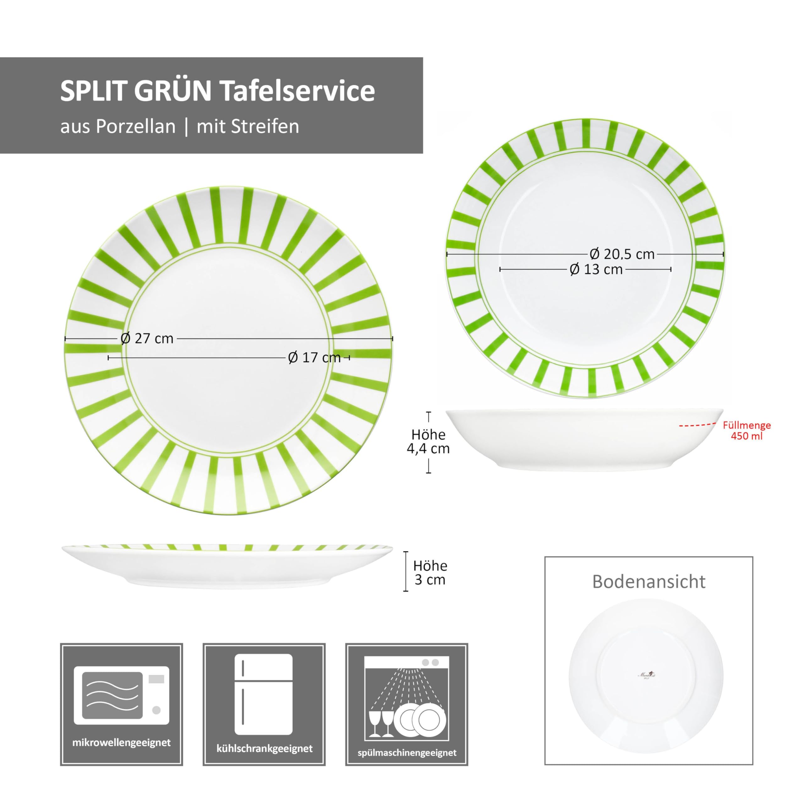MamboCat Service de table Split vert 12 pièces - Vaisselle en porcelaine blanche avec rayures pour 6 personnes - 6 assiettes creuses et 6 assiettes plates pour le petit-déjeuner, le déjeuner et le