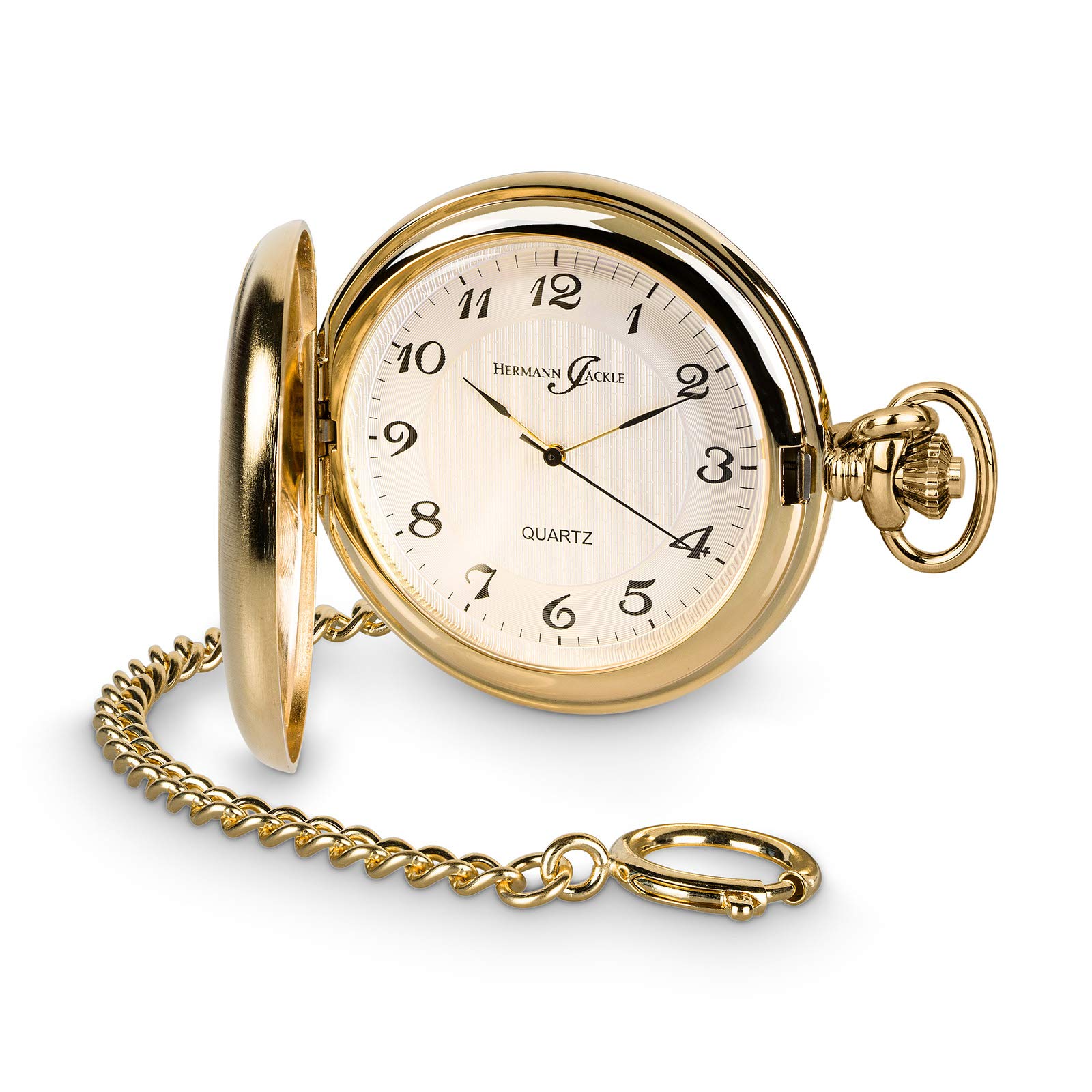 Hermann Jäckle Herren Taschenuhr Todtnau Vergoldet Quarz 50 mm | Vergoldetes Gehäuse, Quarzwerk, Mineralglas, inklusive Kette und Reiseetui