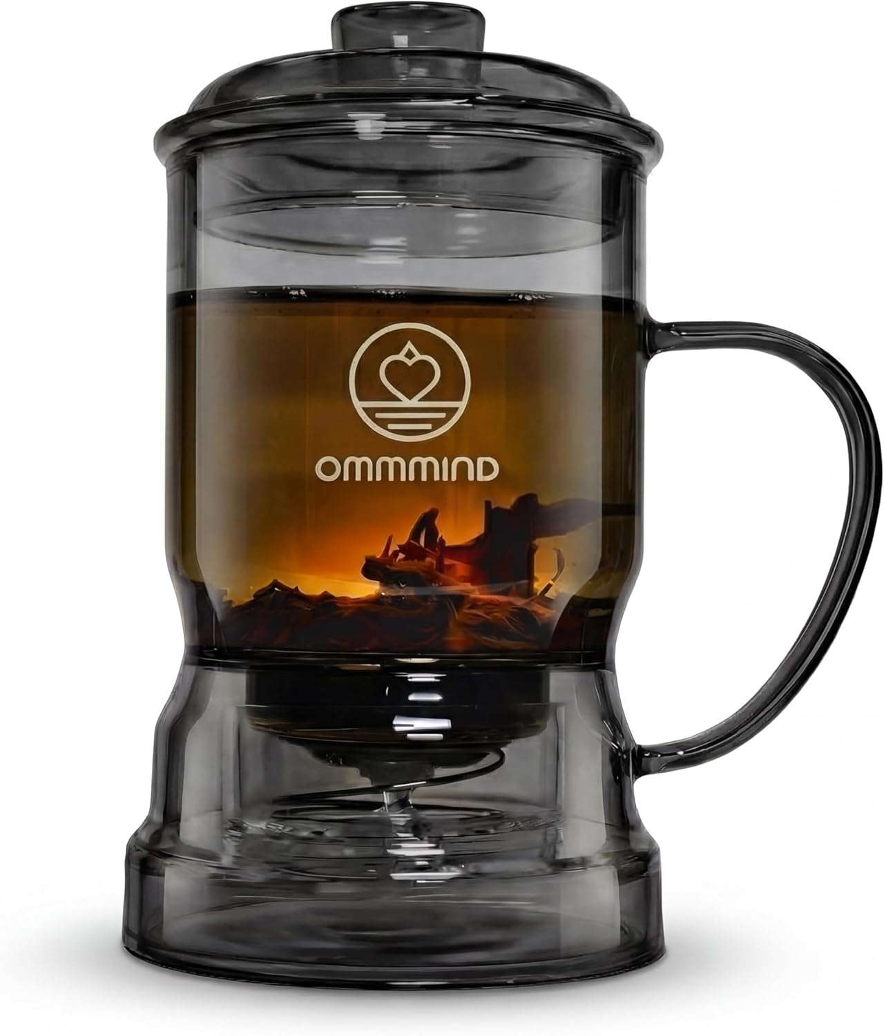 Glass Tea Infuser & Coffee Steeper for Loose Leaf Tea & Tea Bags, Set-Down Flow Control, Borosilicate Glass, Fine Mesh Stainless Steel Filter, Fits Mugs Under 3.15 in, 15.2 oz, Black