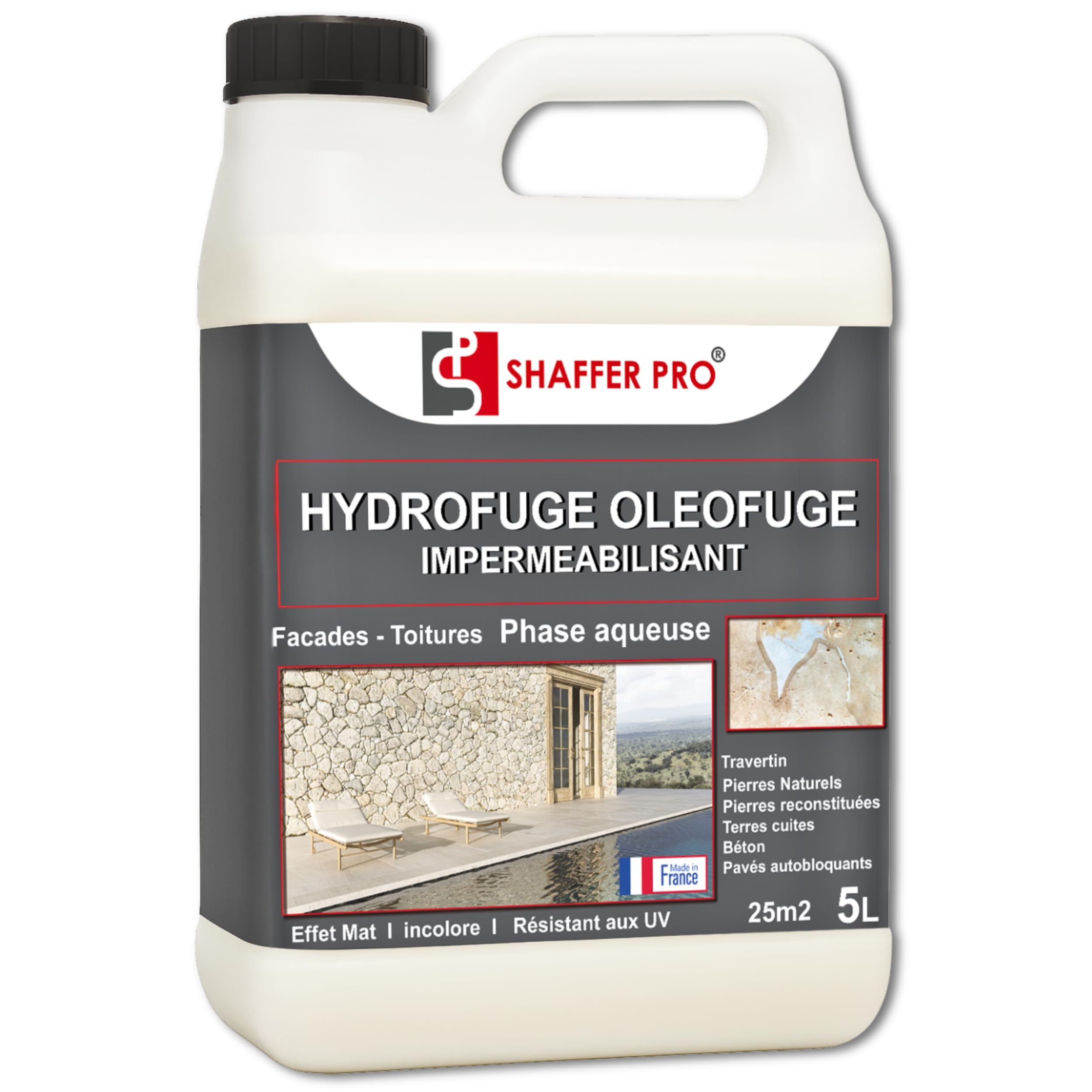 SHAFFER Pro Hydrofuge Oléofuge Professionnel – Imperméabilisant Travertin, Pierre Naturelle, Façade, Carrelage Extérieur Terrasse, Dalle, Produit Sol Anti-​Mousse – 5L – Made in France