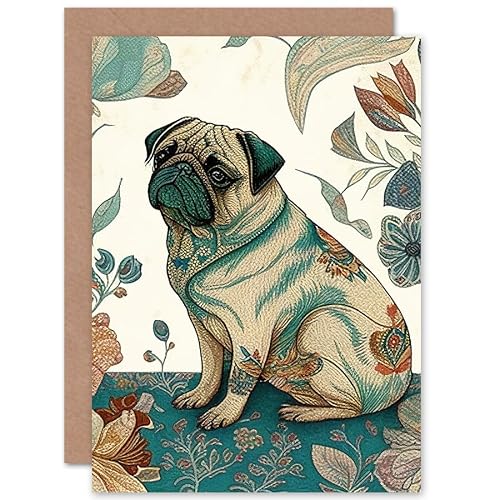 Pug Dog Floral Patterns Vintage Linocut Art Birthday Greeting Card With Envelope