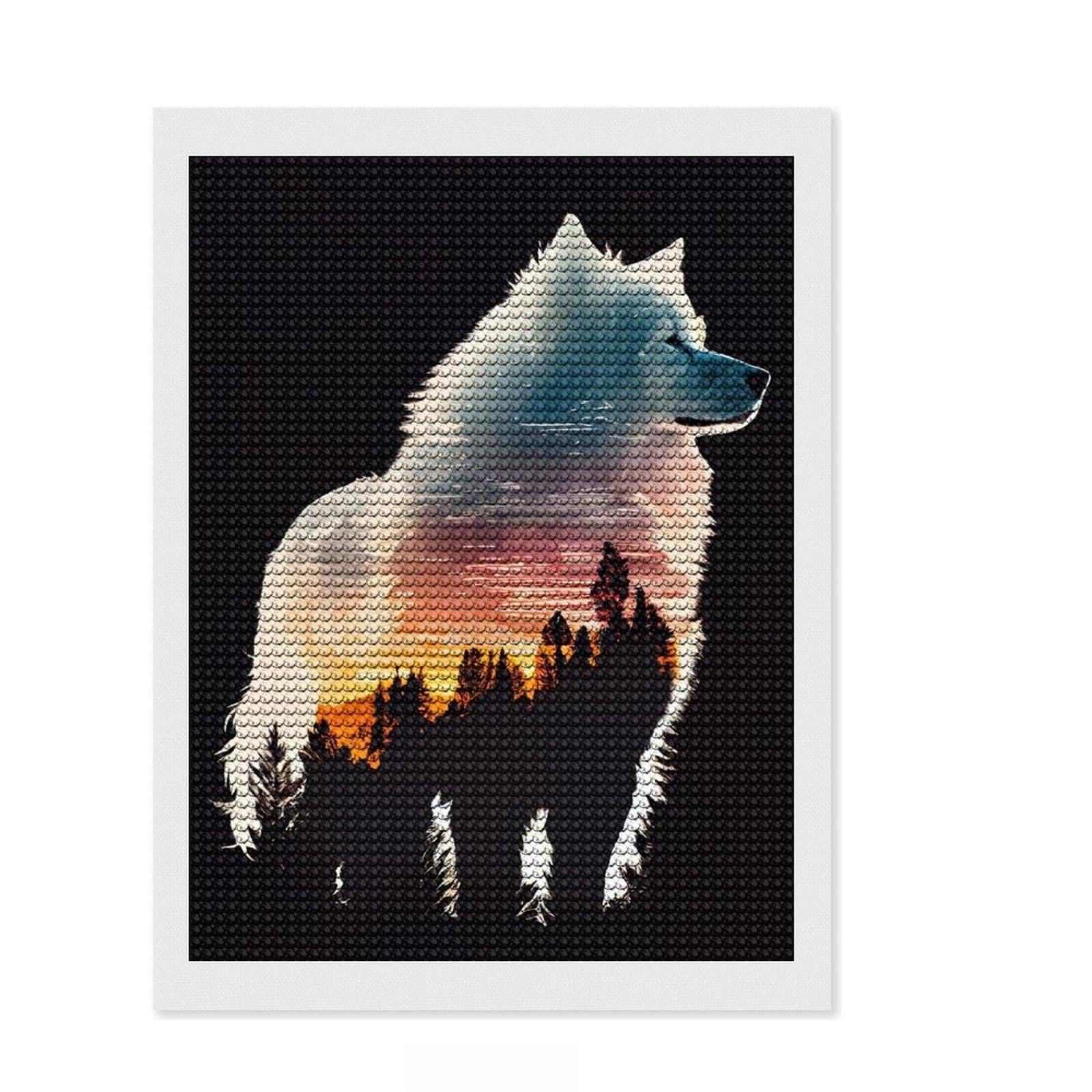 Junmoney Samoyed Silhouette DIY Diamond Art Canvas Kit 12"x16", Neat Printed Canvas, Mindful Craft Activity, Office Decor, Gift Idea