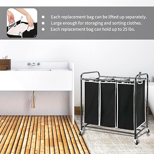 Miniatura 4 de Jhua - 3 bolsas de repuesto para clasificador de ropa sucia, paquete de 3 bolsas de repuesto extraíbles para carrito de ropa grande, bolsas de