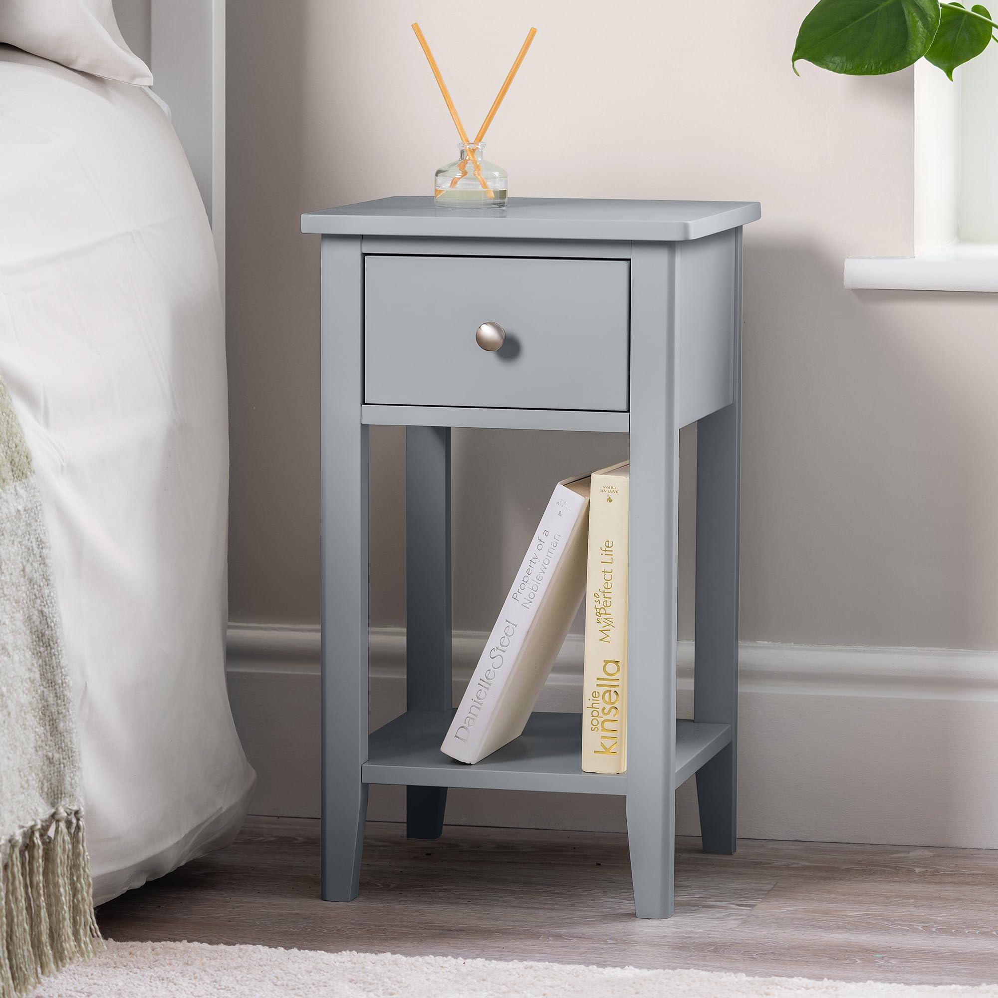 Christow Grey Slim Bedside Table With Drawer & Shelf, Modern Narrow Bedroom Nightstand, Wooden Mdf Side End Stand For Living Room Hallway Sofa, Brushed Chrome Handle (H57cm X W32cm X D32cm)