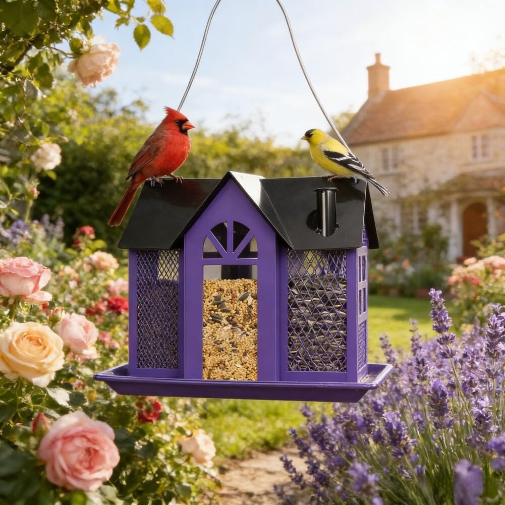 ZYNCUE Comedero solar de metal para pájaros, para jardín, a prueba de ardillas, estación de alimentación colgante para pájaros con luz LED impermeable, decoración de patio al aire libre, amantes de la