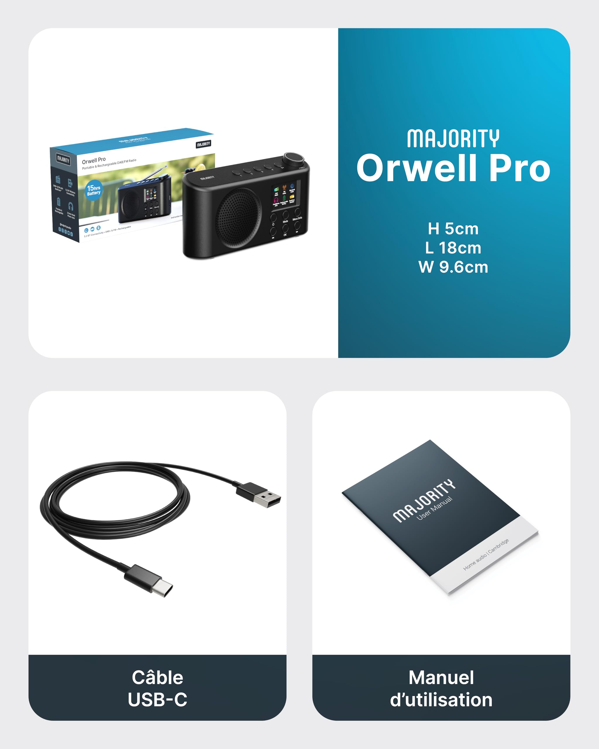 MAJORITY Orwell Pro Radio Dab/Dab+ Portable avec Bluetooth, FM, 40 Présélections, 15h Autonomie, Batterie Rechargeable USB-C, Minuterie Sommeil, Égaliseur, Radio Dab Portable