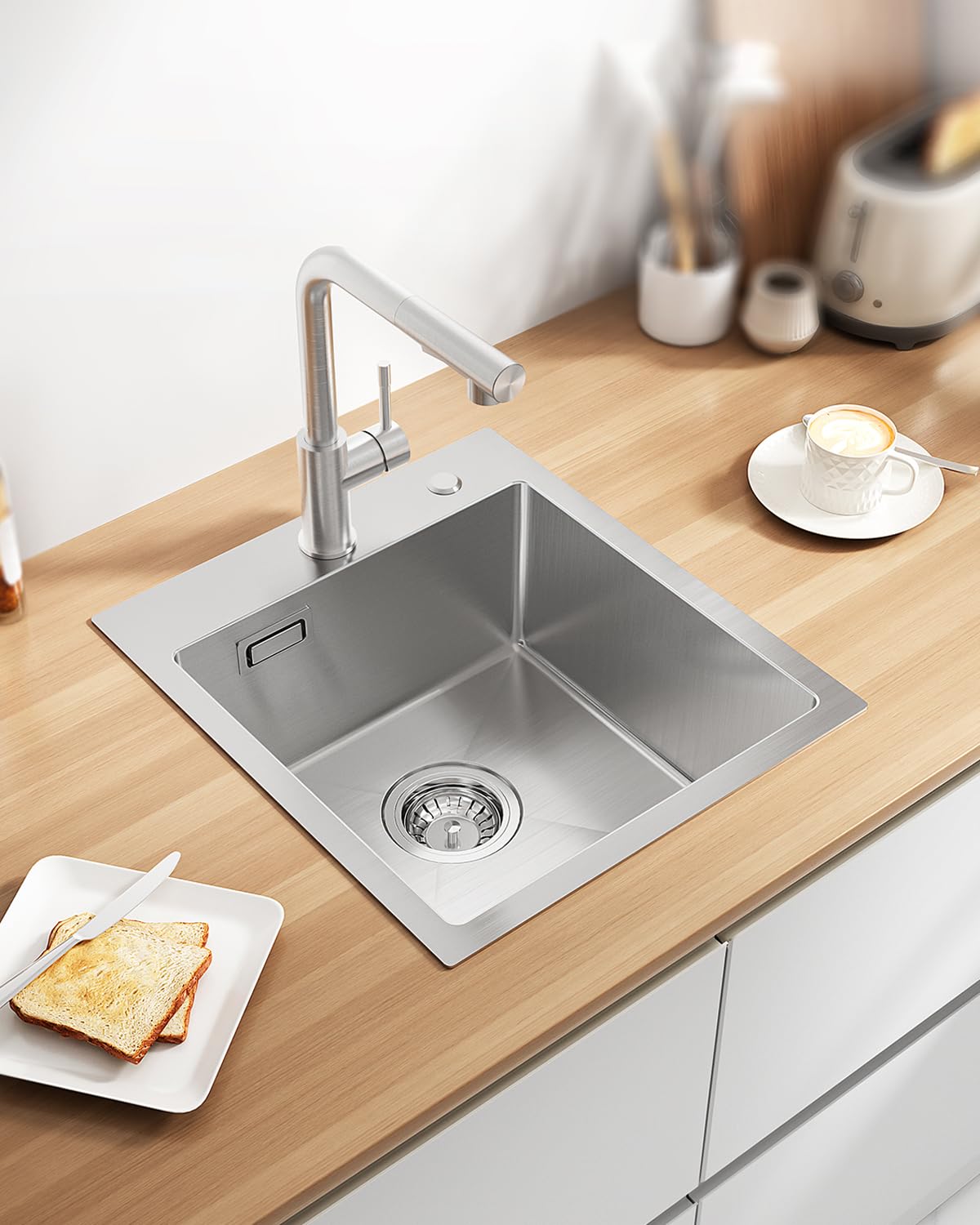 Fregadero Cocina 1 Seno 40x45cm, Fregadero Cocina en Acero Inoxidable 304, Fregaderos Sobre Encimera de Un Seno con Sifón y Juego Desagüe, Cepillado