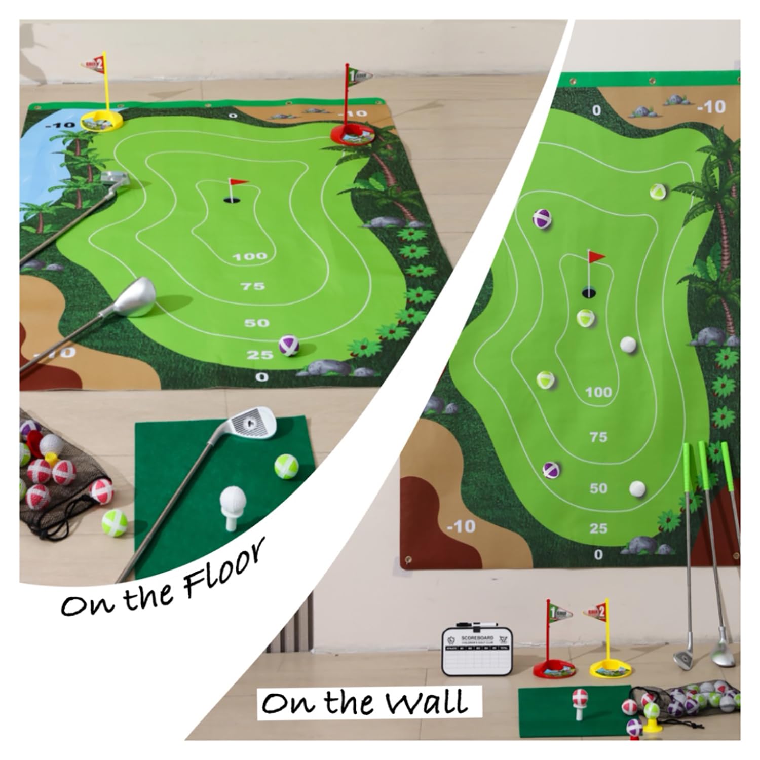 Trimate Golf Game Chipping Mat and Accessories, Training and Practice Golf Travel Set for Kids and Adults, Indoor and Outdoor Hitting Mat and Golf Clubs with Sticky Balls for Kids 3+