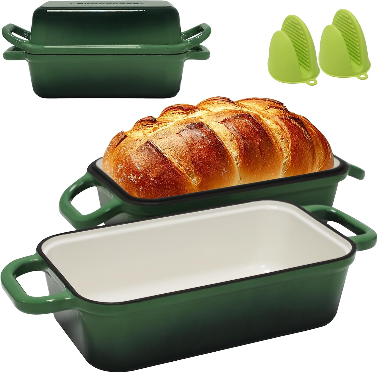 Enameled Cast Iron Bread Loaf Pan with Lid Inner 9x5 Inch Bread Pans Green