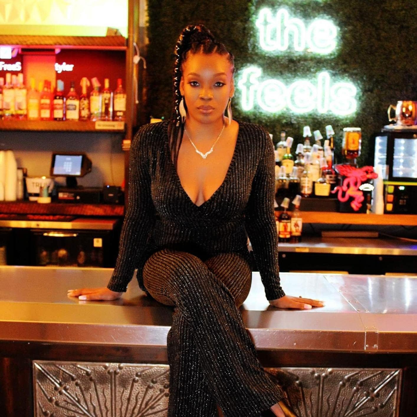 Size L LightlyKiss Women's casual sexy V-neck sparkling jumpsuit long sleeve loose jumpsuits Fashion Club party Rompers with belt