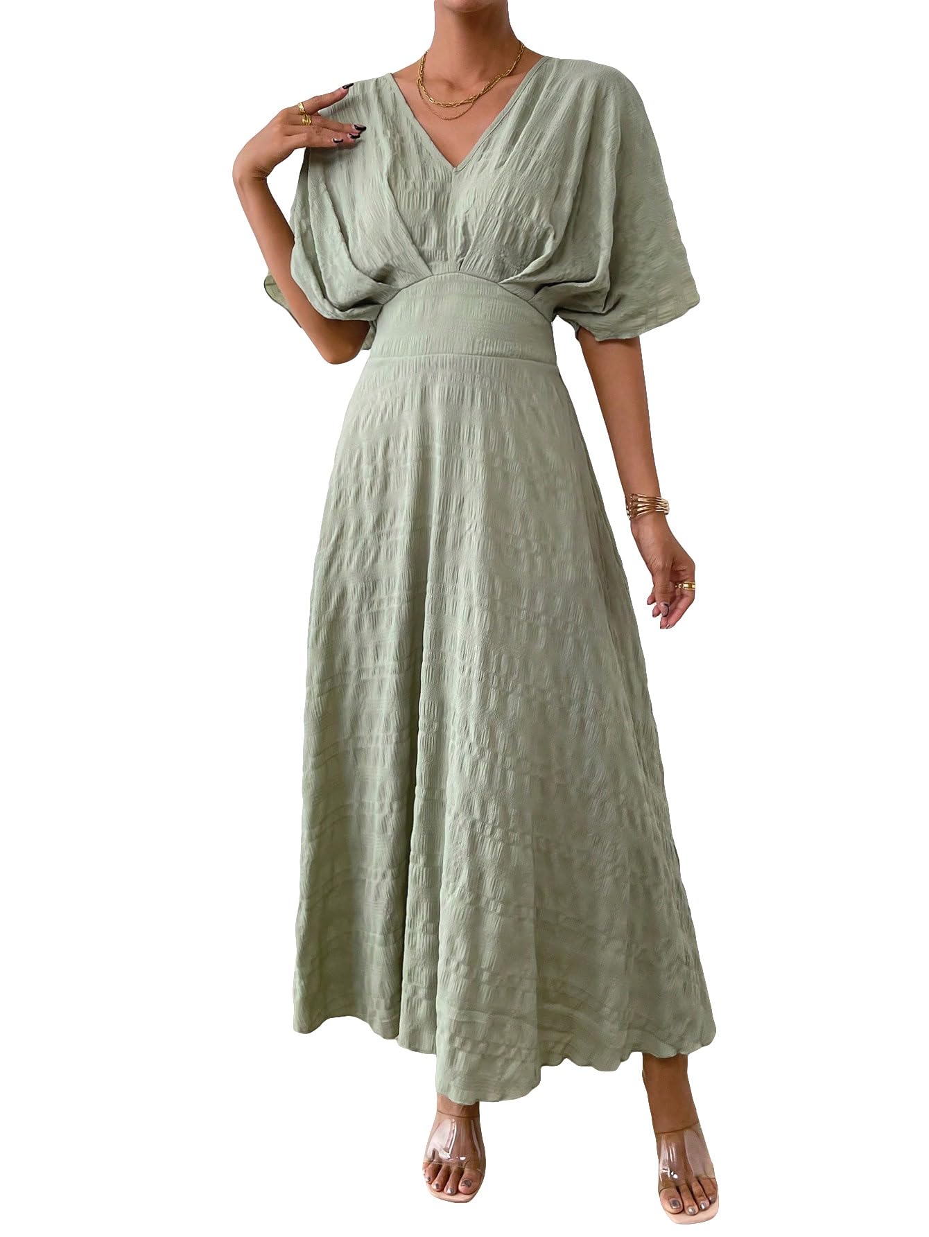Floerns Women's V Neck Half Sleeve Ruched Cocktail Evening A Line Long Dress