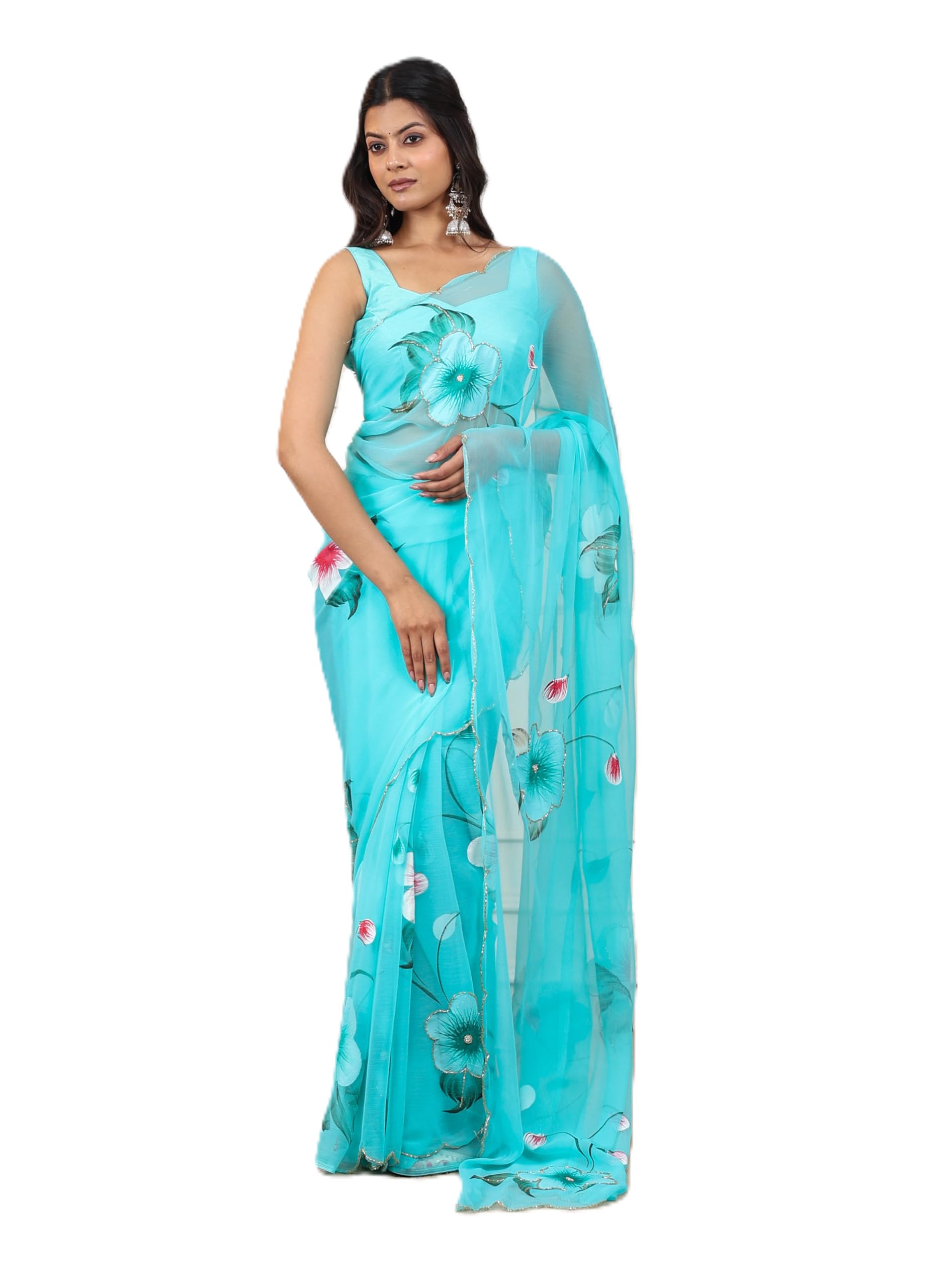 Women's Turquoise Chiffon Saree with Floral Hand Painted, Elegant for Women-image-43