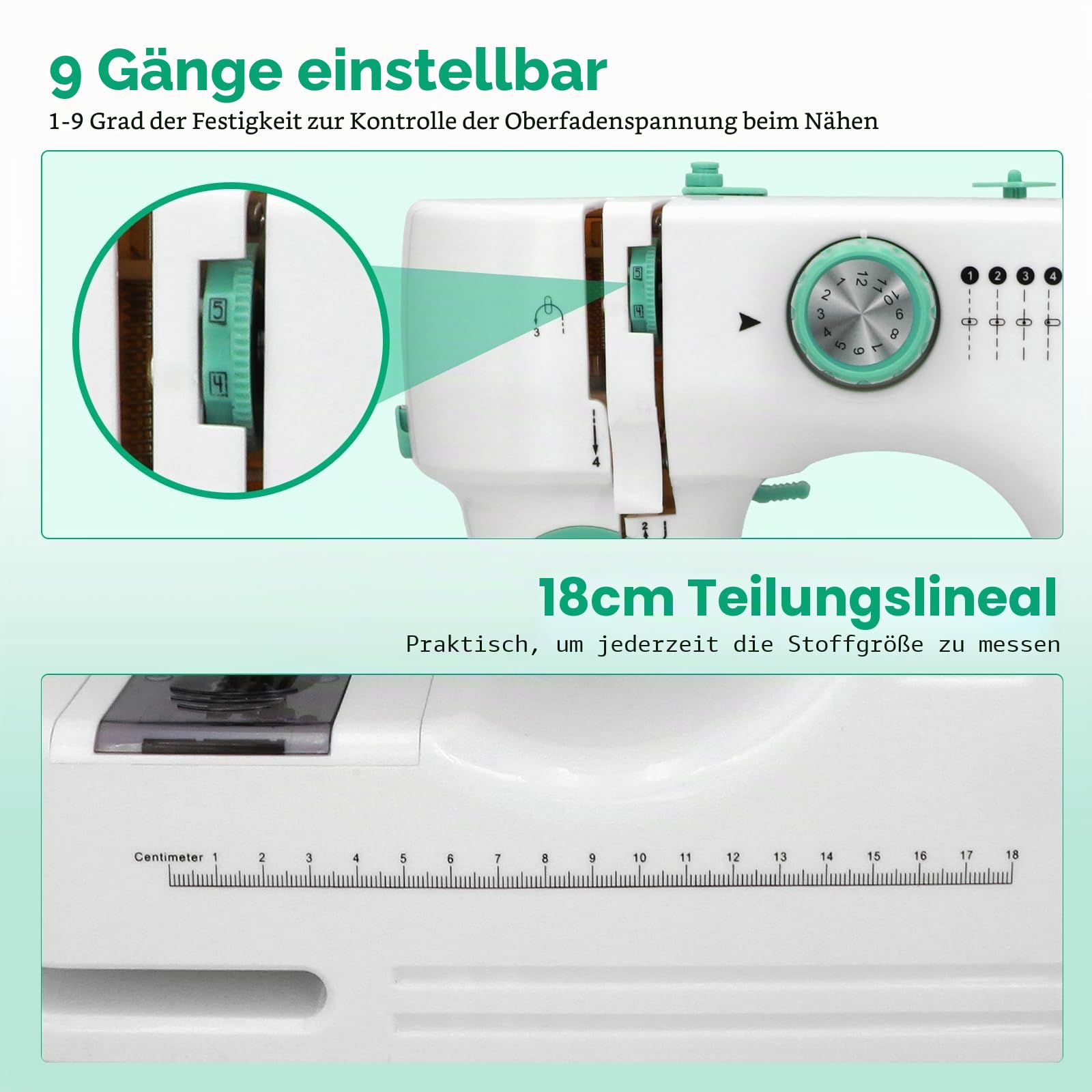 Nähmaschine für Anfänger, 12 Stichmuster & 2 Geschwindigkeiten | 12 Stichmuster, 2 Stufen & Doppelstich. Fußpedal/Knopf. LED-Licht, 9 Spannungen. Komplettset mit Zubehör.