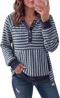 Dokotoo Women's Striped Hoodies V Neck Button Pullover Sweatshirt Tops | Oversized Sweatshirt, Long Sleeve Shirts, Fall Fashion Clothes 2026, Going Out Tops, Loose Fit,Casual Basic Pullover Shirts