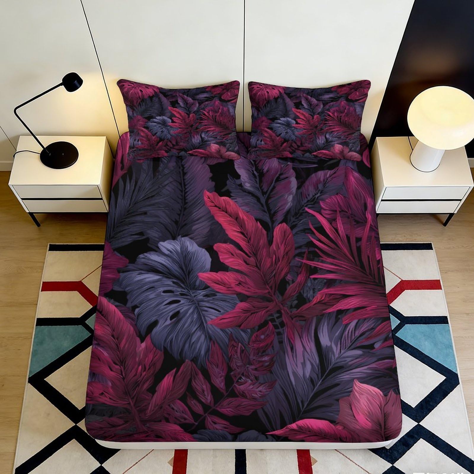 Pnayamiorkfel Style-8 3D Printed Tropical Purple Fitted Sheet Microfiber Breathable Red Leaf Mattress Cover For Bedroom Guest Room Decor 90X200x25cm