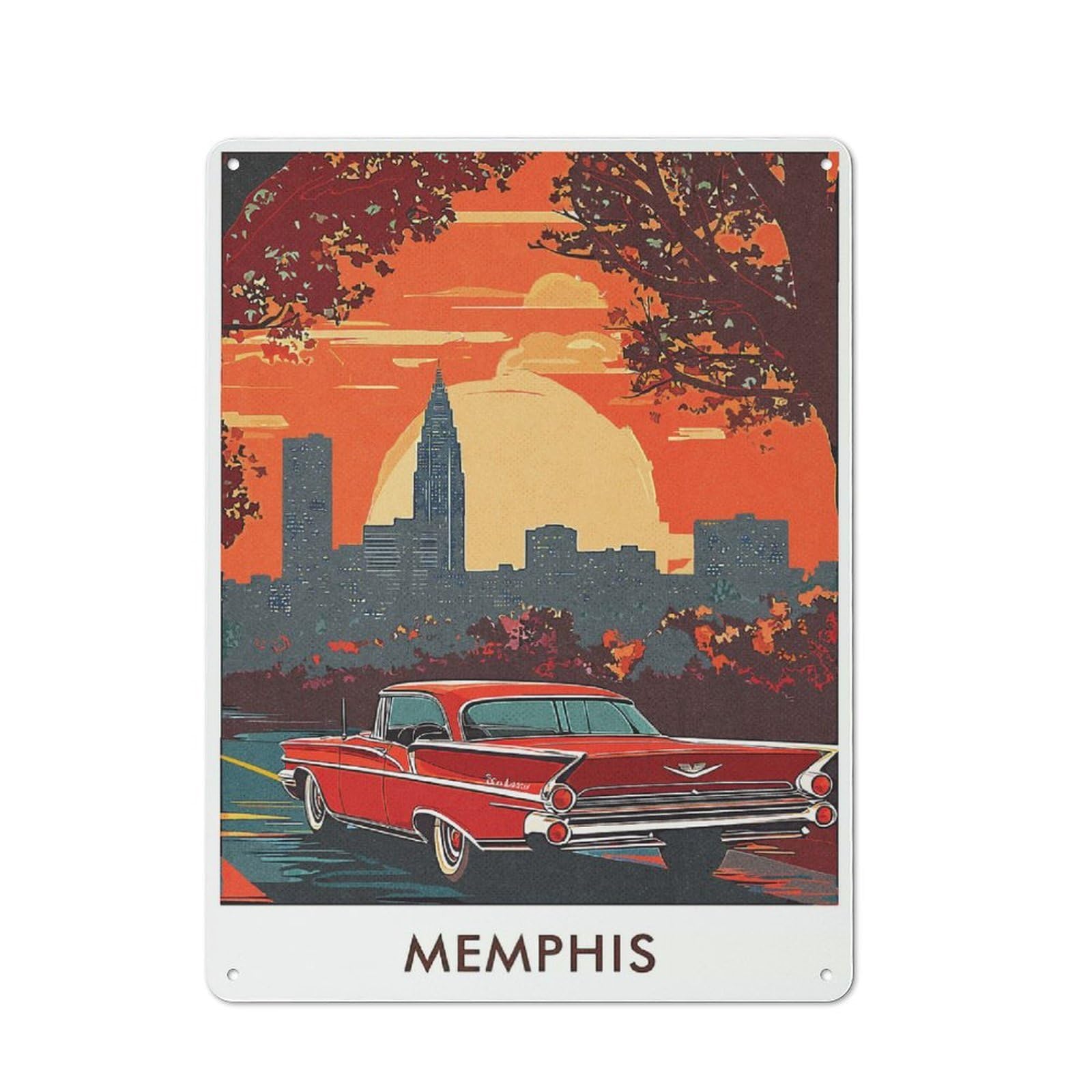 Junmoney Style-23 Rustic Metal Sign 40X30cm Featuring Memphis Cityscape With Classic Car For Hallway Wall, A Decorative Gift For A Newly Furnished Hallway