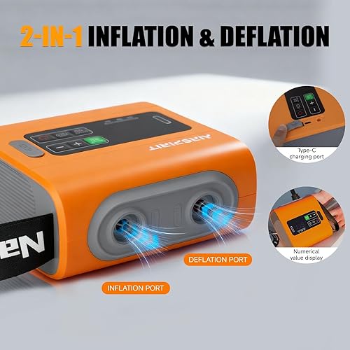 Miniatura 7 de AIRSPIRIT Bomba eléctrica para tabla de remo, bomba de aire recargable de alta presión de 22 PSI, inflado y desinflado inteligente de doble etapa,