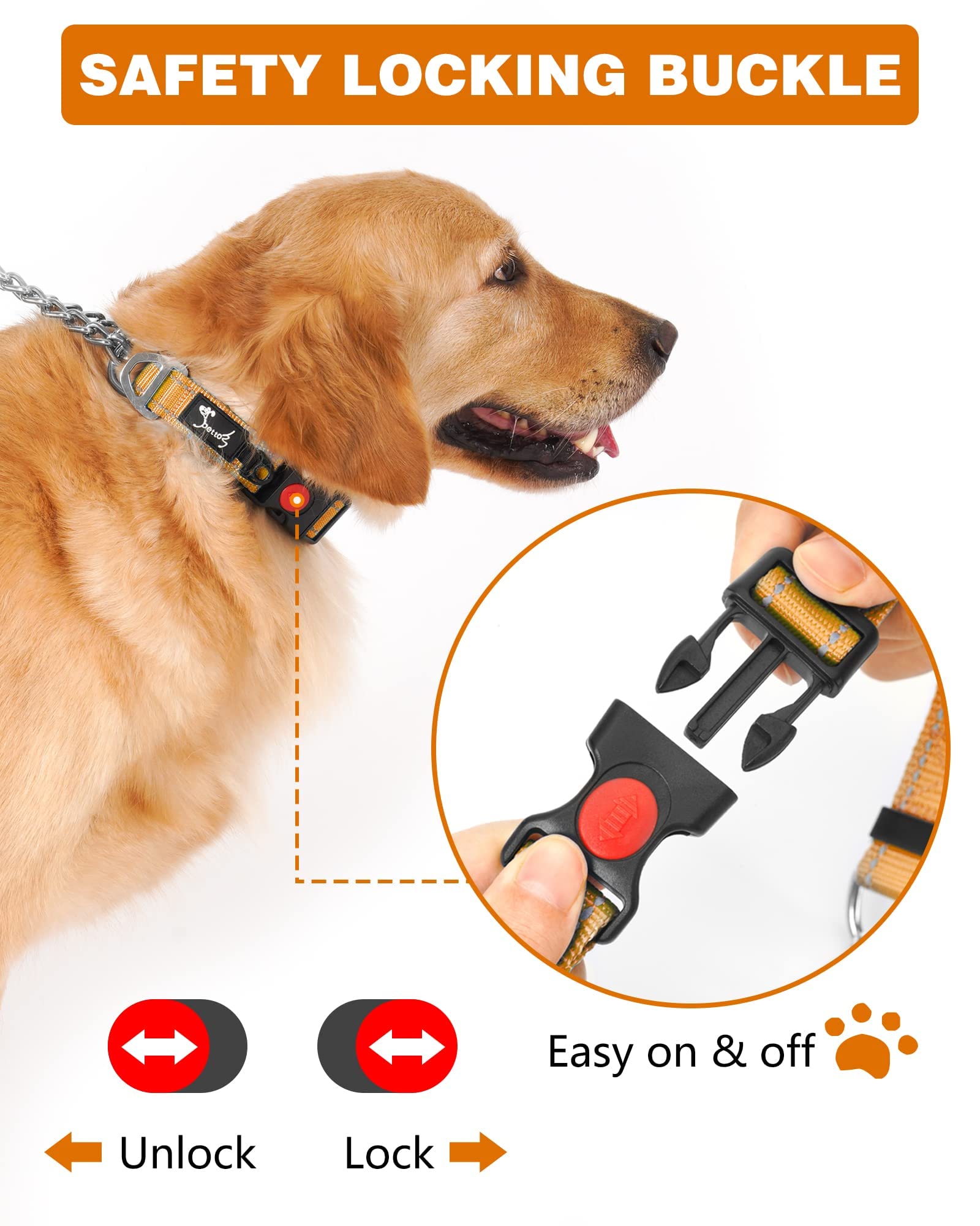 PETTOM Collare Semistrozzo per Cani Cane Addestramento Collari con Catena Regolabile Riflettente Anello Metallo Nylon Imbottito Fibbia Sicurezza Martingale Collare per Camminare Allenarsi Arancione