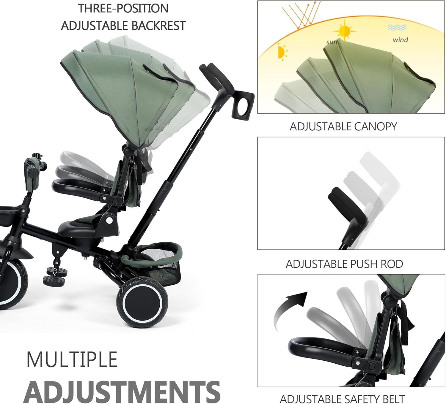 Kinder King Kids Tricycle, 8 in 1 Folding Toddler Trike w/Adjustable Push Handle, Rotatable Seat, Adjustable Canopy, Bell, Five-Point Harness, Storage, Bike Tricycle for Toddlers 1-3, Forest