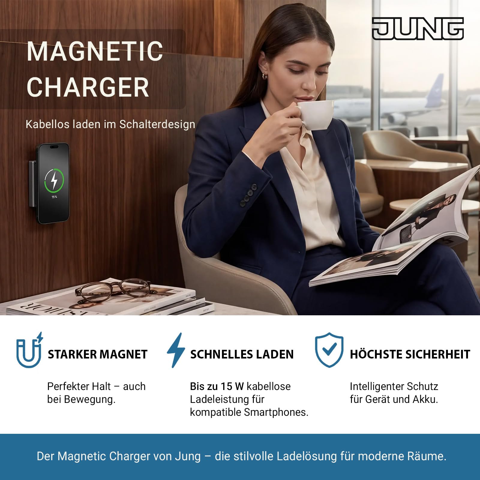 JUNG Magnetic Charger Serie A Graphitschwarz Matt, 15W, MagSafe, Qi2
