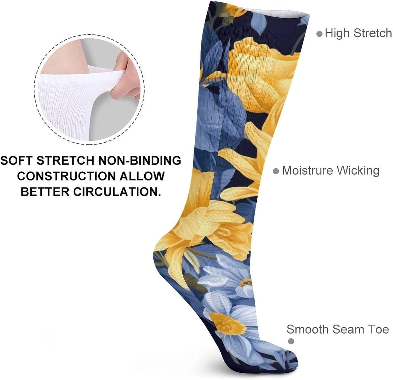 Breathable Crew Sock, Moisture Wicking, Athletic Calf Socks, Cozy | Blue Base Yellow Floral Compression Socks for Women Men, Lightweight High Work Socks for Business, Casual
