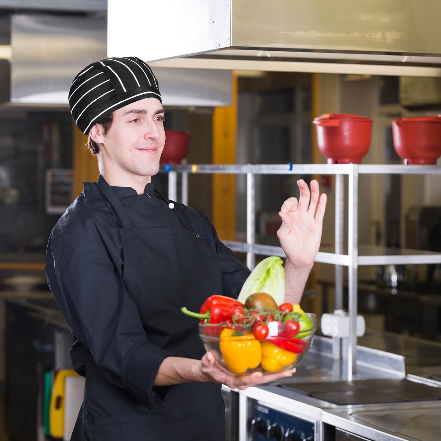 3 Pcs Pack Chef Hats, Professional Head Scarf for Men and Women, Adjustable Kitchen Cooking Cap, Bandana Scarves & Turban Covers for Cooking Fit All Adults Black