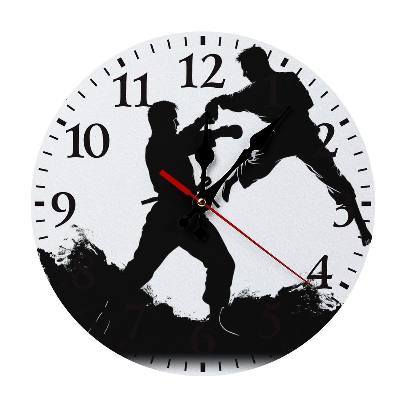 QMNLKH Kickboxing Wall Clock for Home, Battery Operated Clock for Hotel, Round Wall Clock with Arabic Numerals Black, Easy to Read, Non-Ticking Clocks for Living Room 25 * 25cm