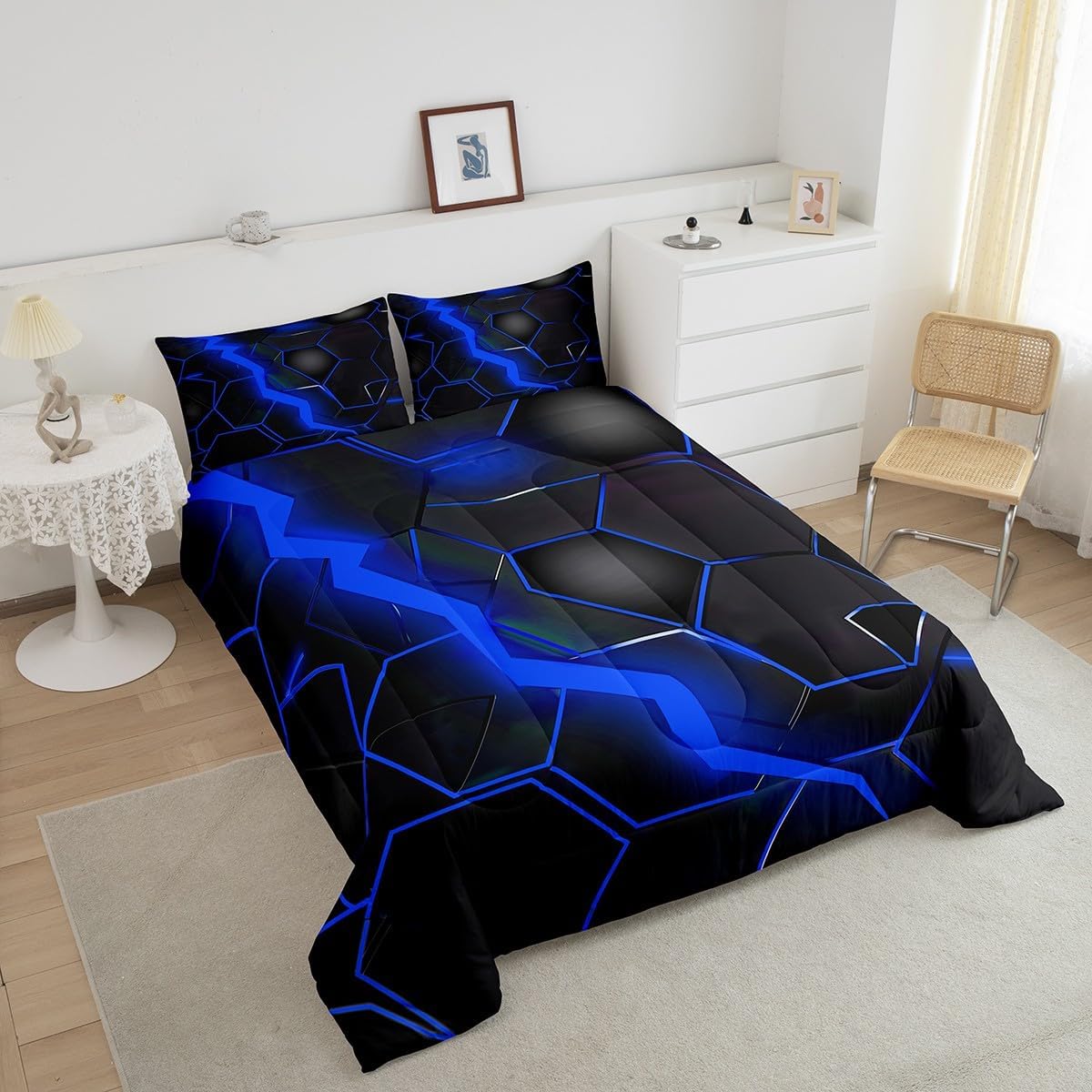 Modern Geometric Comforter Set Full for Boys Girls Blue Honeycomb Print Bedding 3 Pcs Beehive Geometrical Bedding Comforter Sets Geometric Hexagonal Pattern Duvet Insert Abstract Plaid Quilt
