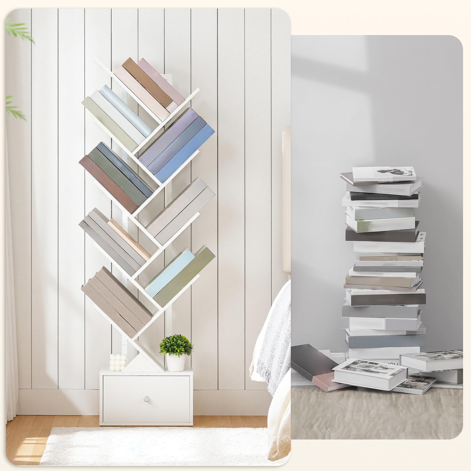 HOOBRO Bücherregal mit Schublade, Standregal mit 9 Ebenen, Baumförmiges Bücherregal, DVD Regal, Bücherturm Freistehend, für Wohnzimmer, Schlafzimmer, Heimbüro, Weiß EWW18SJ01G1
