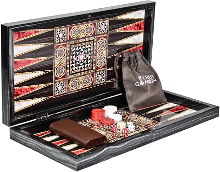 Traditional Wooden Backgammon Set, 20 Inch Mother of Pearl Design, Handmade Board Game with Dice Set, Classic Family Entertainment (Chess & Backgammon Set with Dices and Chess Pieces)