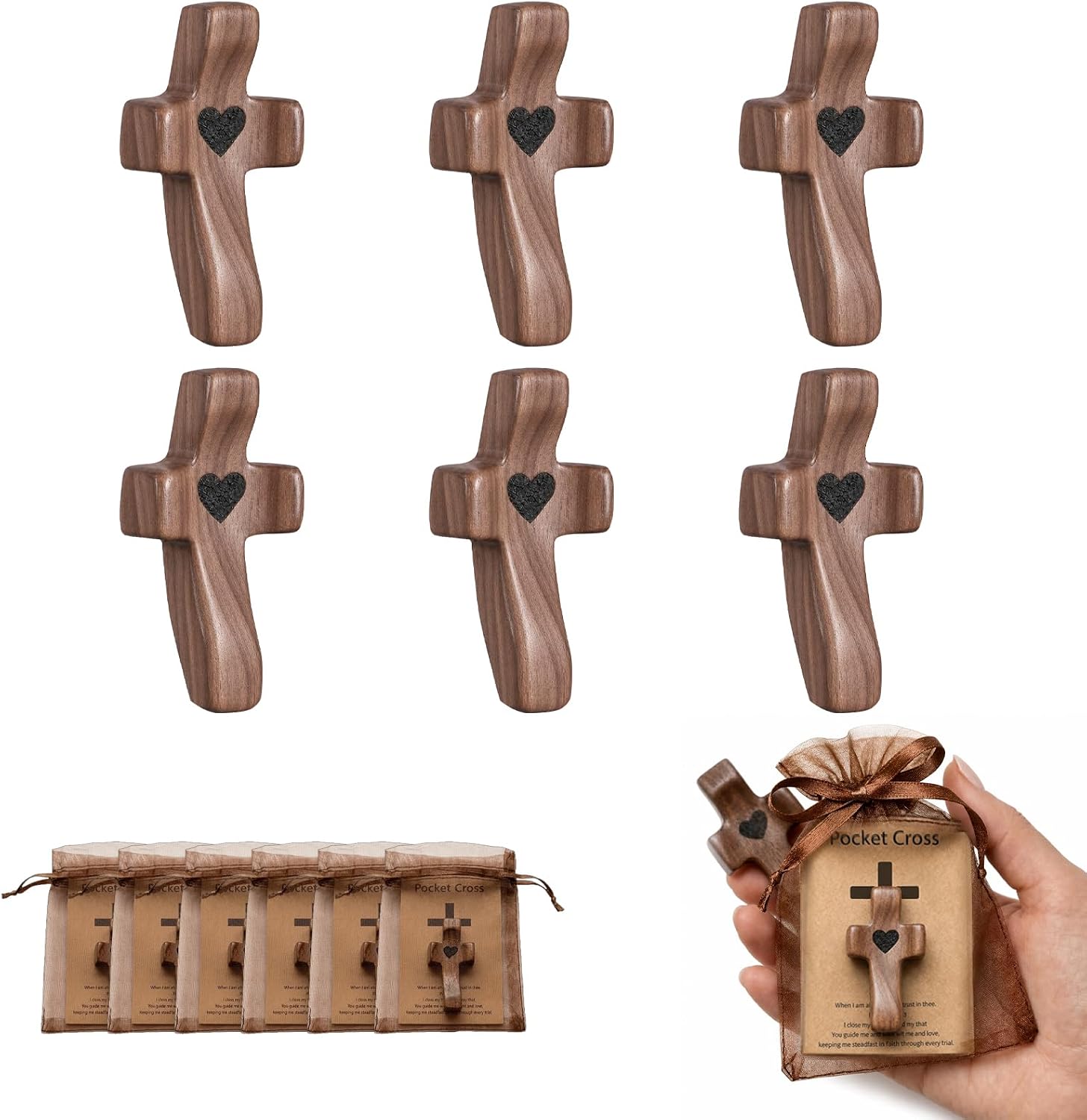 50 Set Wooden Cross Fidget Bulk with Cards Organza Bags Prayer Cross My Heart, Handheld Comfort Cross for Anxiety Relief, Small Pocket Crosses Christian Faith Gifts Baptism Favors, Religious Gifts