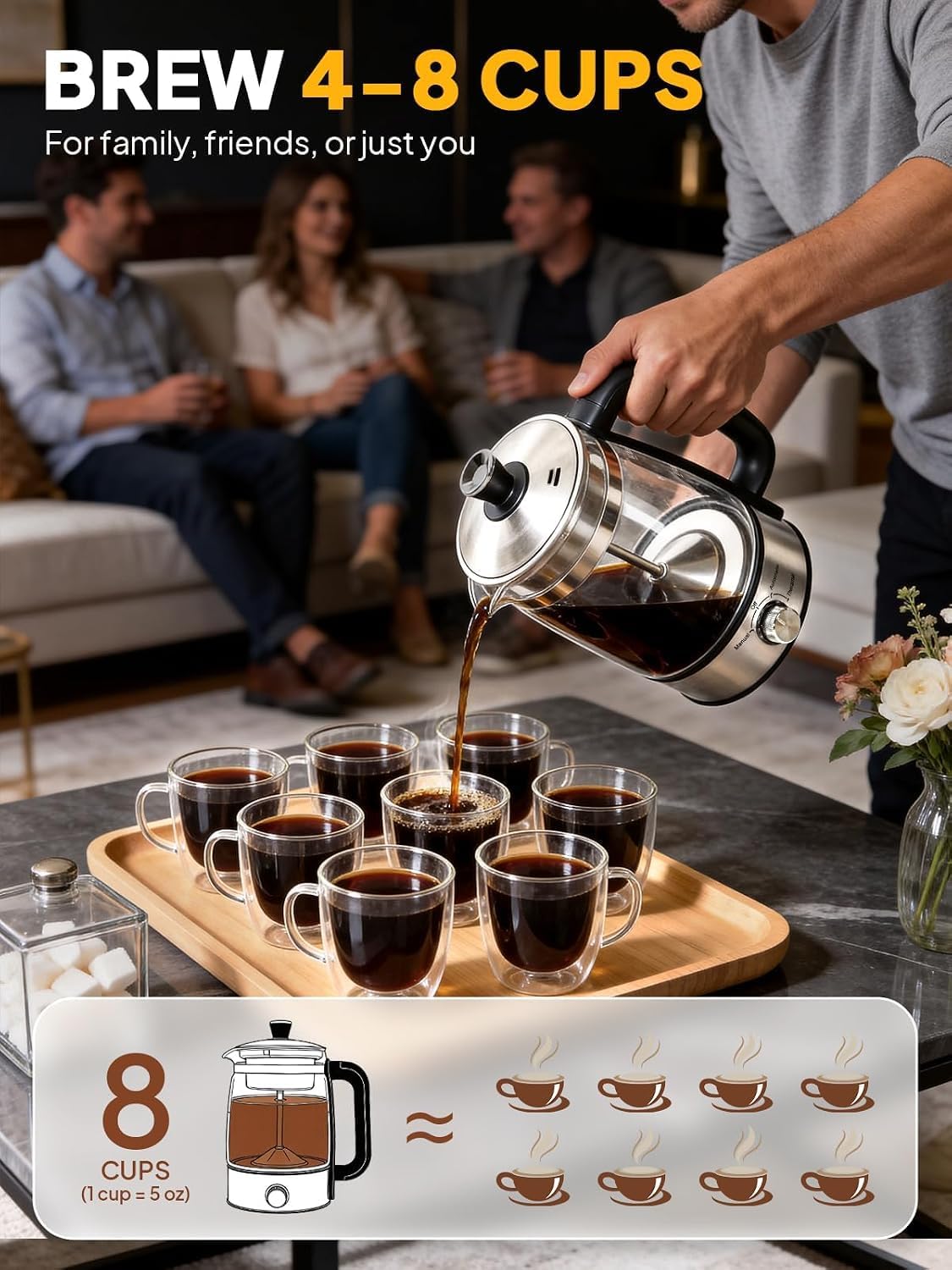 Horavie 8-Cup Electric Percolator Coffee Maker – Borosilicate Glass Carafe, Stainless Steel Filter, Auto or Manual Brew, Manual Keep Warm, Black