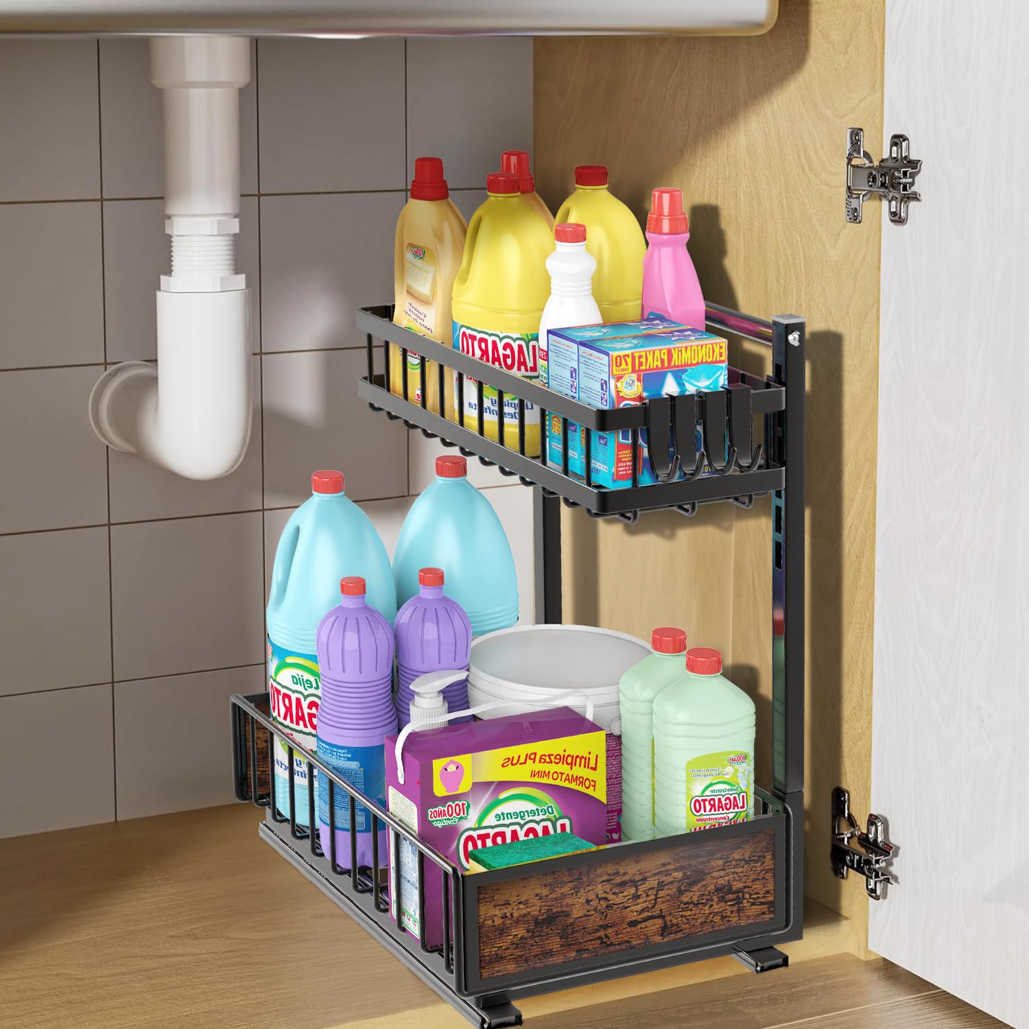 Under Sink Organizers 2 Tier - Kitchen Under Sink Organizer Storage Metal,Pull Out Cabinet Organizer Adjustable Height Organizer with Hooks,Sturdy Slide Out Storage for Kitchen Bathroom Cabinet