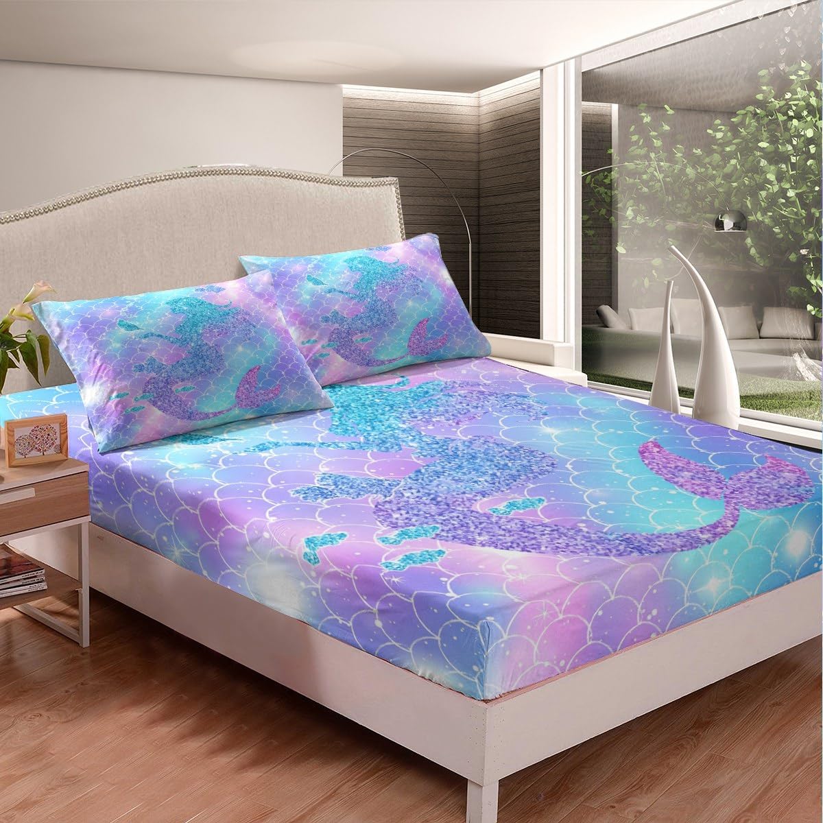 Homewish Fish Scales Bedding Set Twin Size Mermaid Scale Bed Set for Girls Teens Bedroom Decor Kids Underwater World Fitted Sheet Soft Microfiber Fanstry Bed Cover(1 Fitted Sheet+1 Pillow Case)