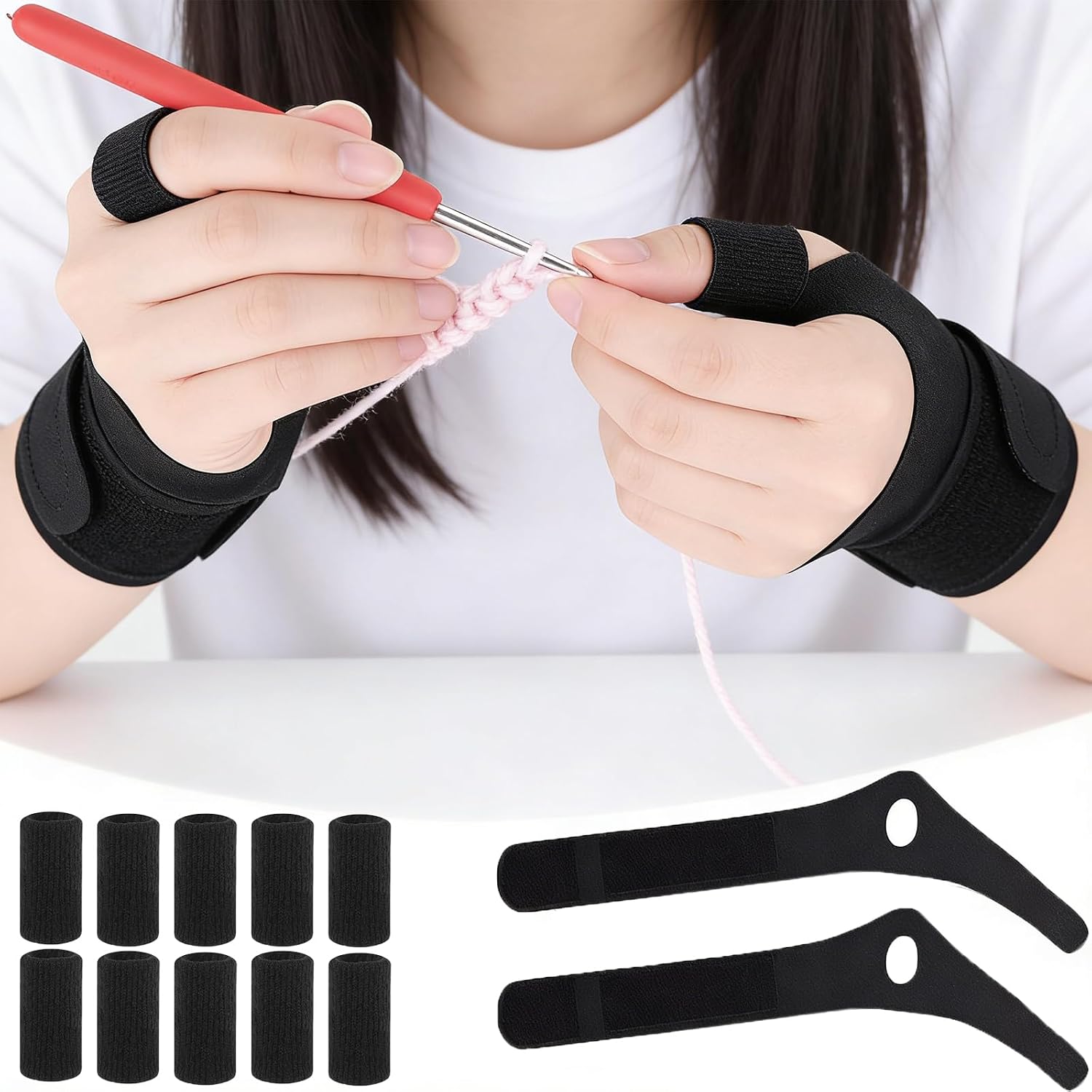 2 Pack Ergonomic Crochet Hooks Gloves with 10 Pack Finger Sleeves Crochet Accessorie for Crochet Supplies for Crocheters