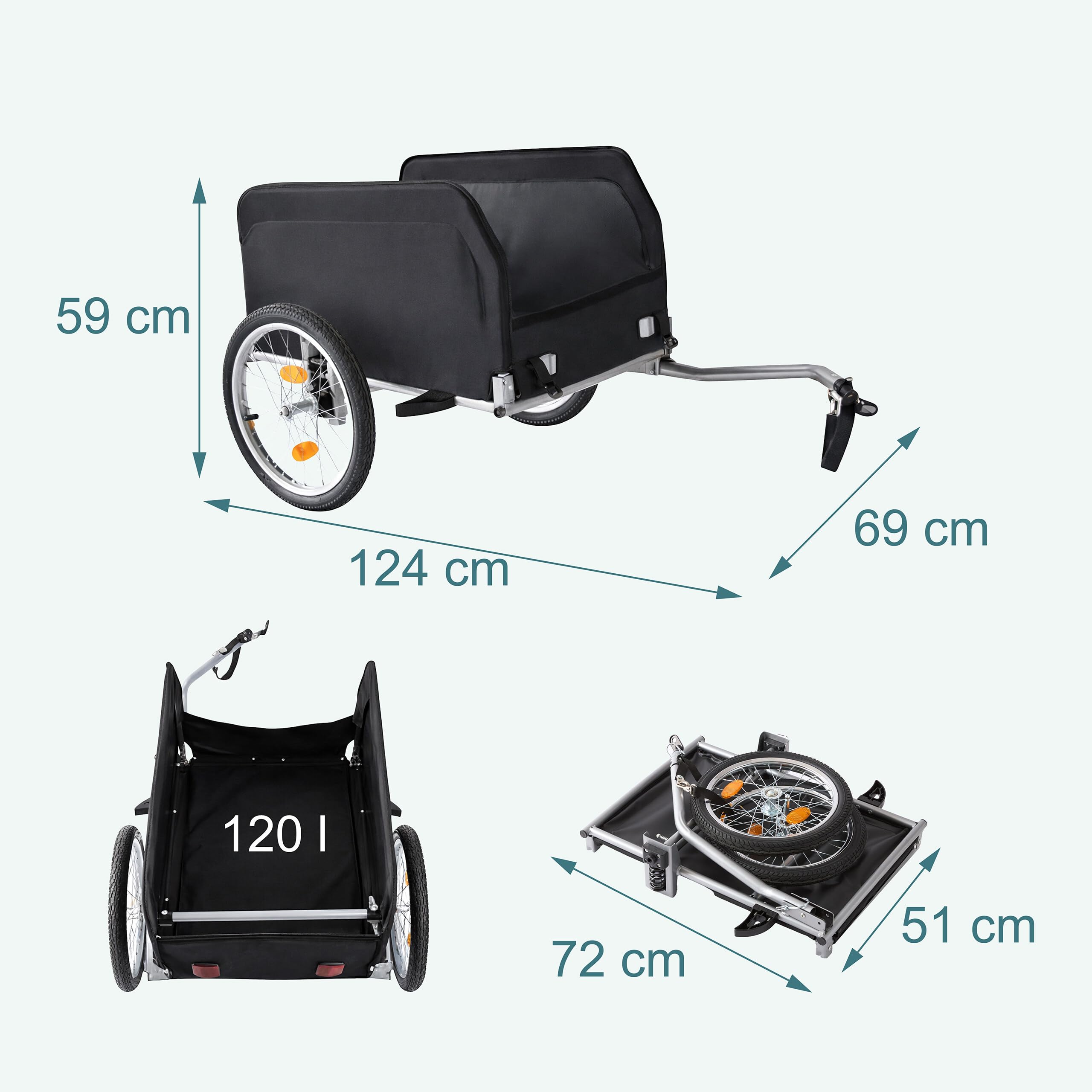 Relaxdays Remorque à vélo pliable 120 L Housse imperméable Drapeau 59x124x69 cm