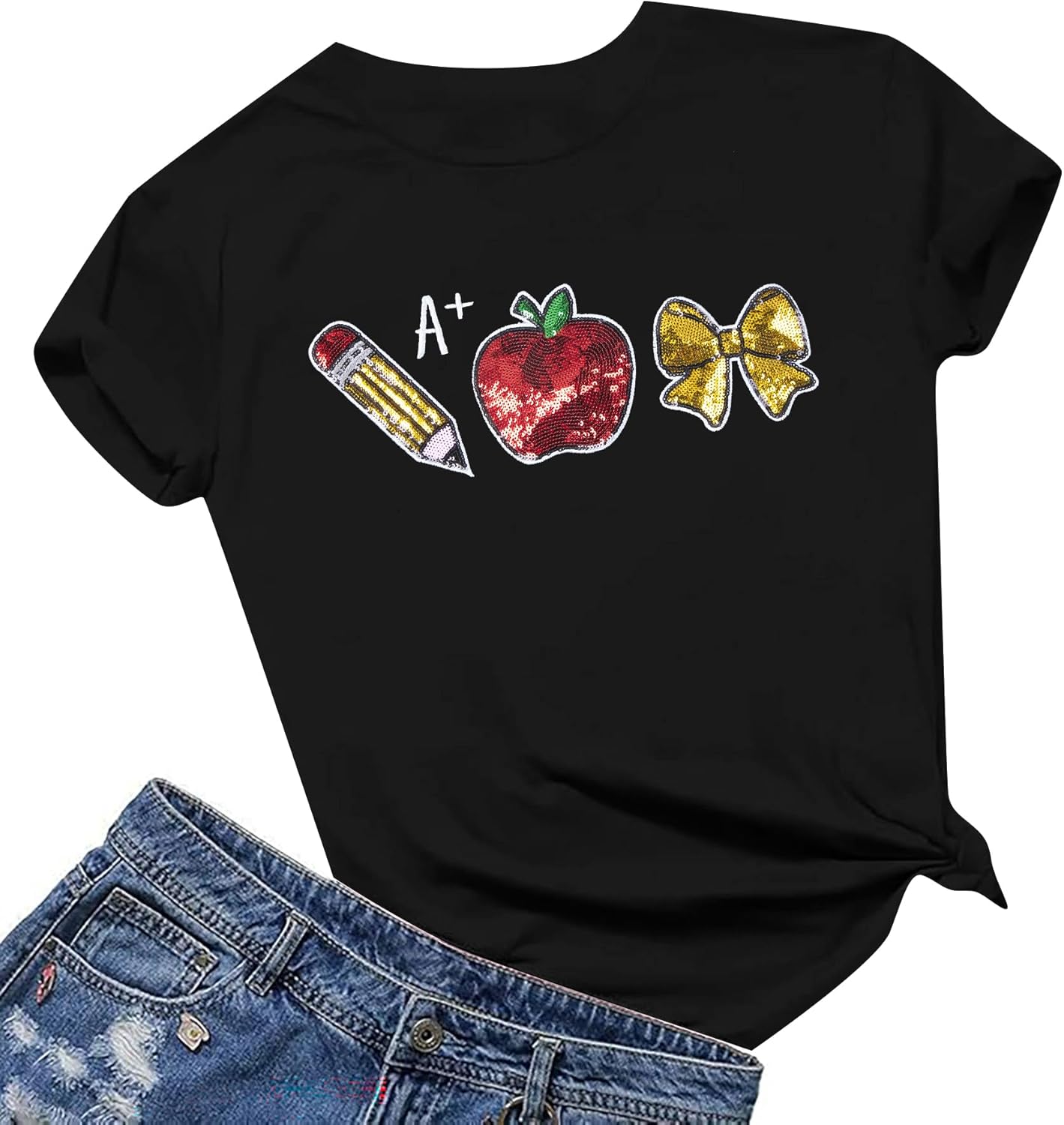 Teacher Shirts for Women Teach Teaching Tshirt Sequin Apple Shirt Back to School Shirt Teacher Life Tee Tops - Image 4