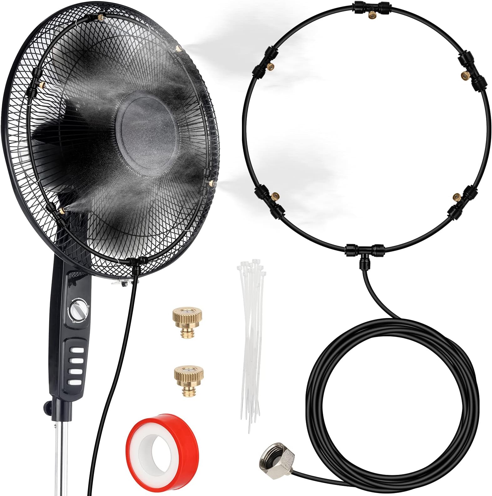 SUNHE YHK Outdoor Misting Fan Kit, 19.36FT Patio Mister Cooling System with 5 Brass Nozzles, 3/4 in Brass Faucet Adapter, Easy Install Water Mister for Backyard Deck Garden Fans